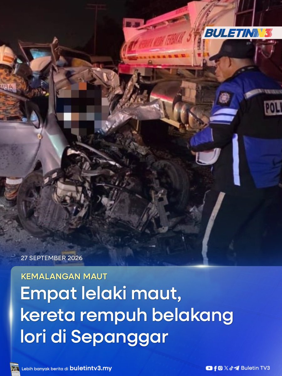 BuletinTV3's tweet photo. KEMALANGAN MAUT | Empat lelaki maut selepas kereta Perodua Viva dinaiki mereka merempuh empat kenderaan termasuk sebuah lori yang diparkir di Jalan Sepanggar berhampiran Taman Jaya Diri, Sepanggar.
#BuletinTV3 #KemalanganMaut #4Maut https://t.co/nKh6RpoXc7