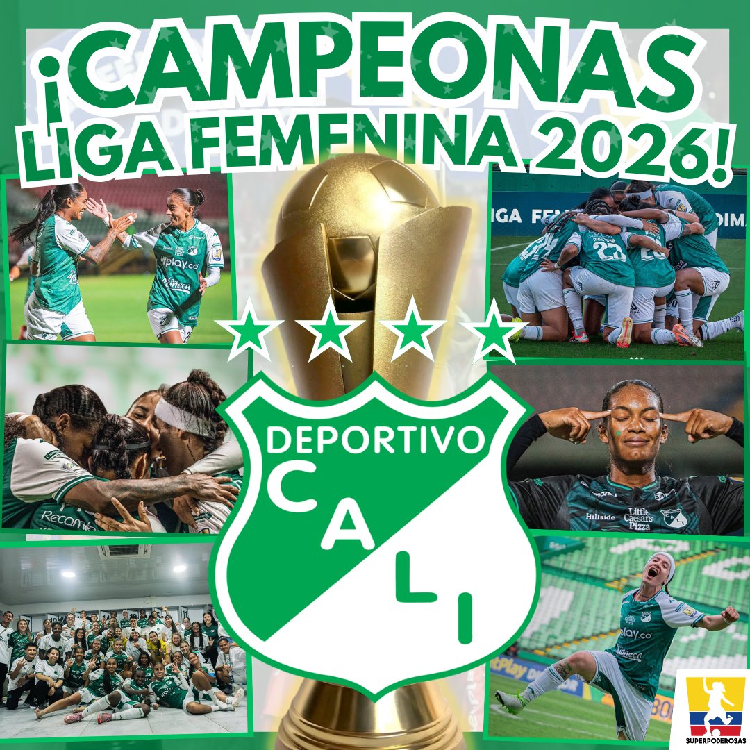 _superpoderosas's tweet photo. ⭐️⭐️ ¡LAS MÁS VECES CAMPEONAS! ⭐️⭐️

Deportivo Cali venció 4-2 a Santa Fe, y con un global de 7-4 conquistó el título de la Liga Femenina 🏆🇨🇴⚽️ 2026

🔝4️⃣ Las 'azucareras' son las máximas campeonas del certamen con cuatro (4) títulos, tras 2021, 2024 y 2025
 
👏 ¡FELICIDADES! 👏 https://t.co/03BEi7XJQP