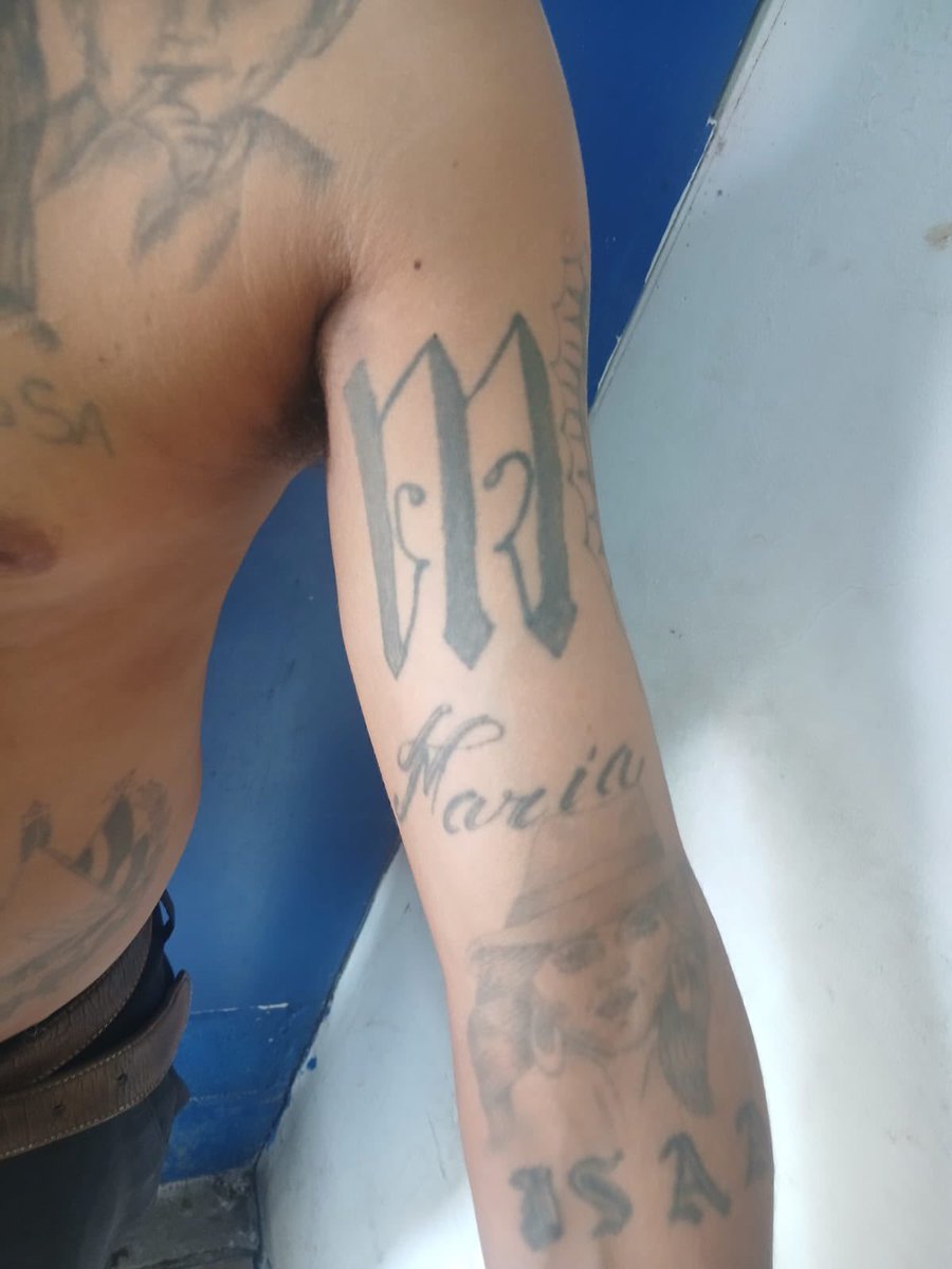 PNCSV's tweet photo. En conjunto con efectivos de la @FUERZARMADASV capturamos a Serafín Antonio Flores López, alias el Viejo, de la MS13, quien fue intervenido sobre el km 116 de la carretera Longitudinal del Norte, en Sensuntepeque, Cabañas Este.

Este pandillero alertaba sobre la presencia policial y personas ajenas en dicho distrito. Asimismo, cuenta con tatuajes alusivos a la estructura criminal.

En el año 2010 fue deportado de Estados Unidos.

Será remitido por el delito de pertenencia a organización terrorista conocida como pandilla.

#GuerraContraPandillas