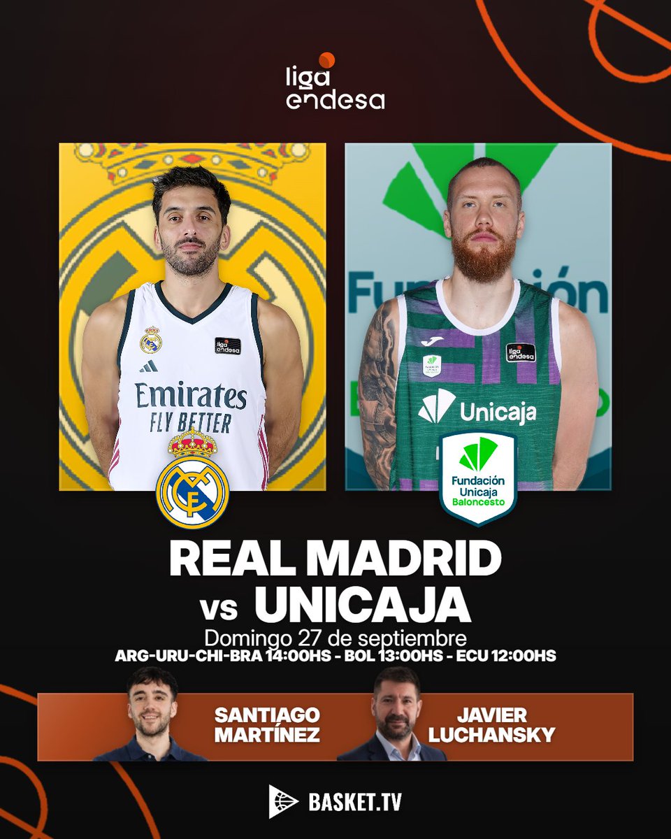 Javiluch4's tweet photo. Mañana arranca el camino @ACBCOM de @RMBaloncesto 

Juegan @facucampazzo y @gabriel_deck 

Relata @saantimartinez5 

@unicajaCB es dirigido por Txus Vidorreta, ex Tenerife, que eliminó al Real en Cuartos de Final de la 25-26 (2-1)

¿Podrá ganar de nuevo en Madrid? Yo creo que no https://t.co/A5FZdqF4A5