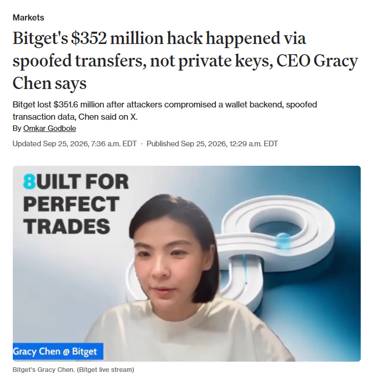 Markus_Brdt's tweet photo. $352M drained from Bitget - and they didn't even need the private keys.

Attackers spoofed transaction data and tricked the exchange's own approval system into signing off. Your CEX can be robbed without anyone "stealing" a key.

This is the case for self-custody in one headline https://t.co/7nmCyavMNF