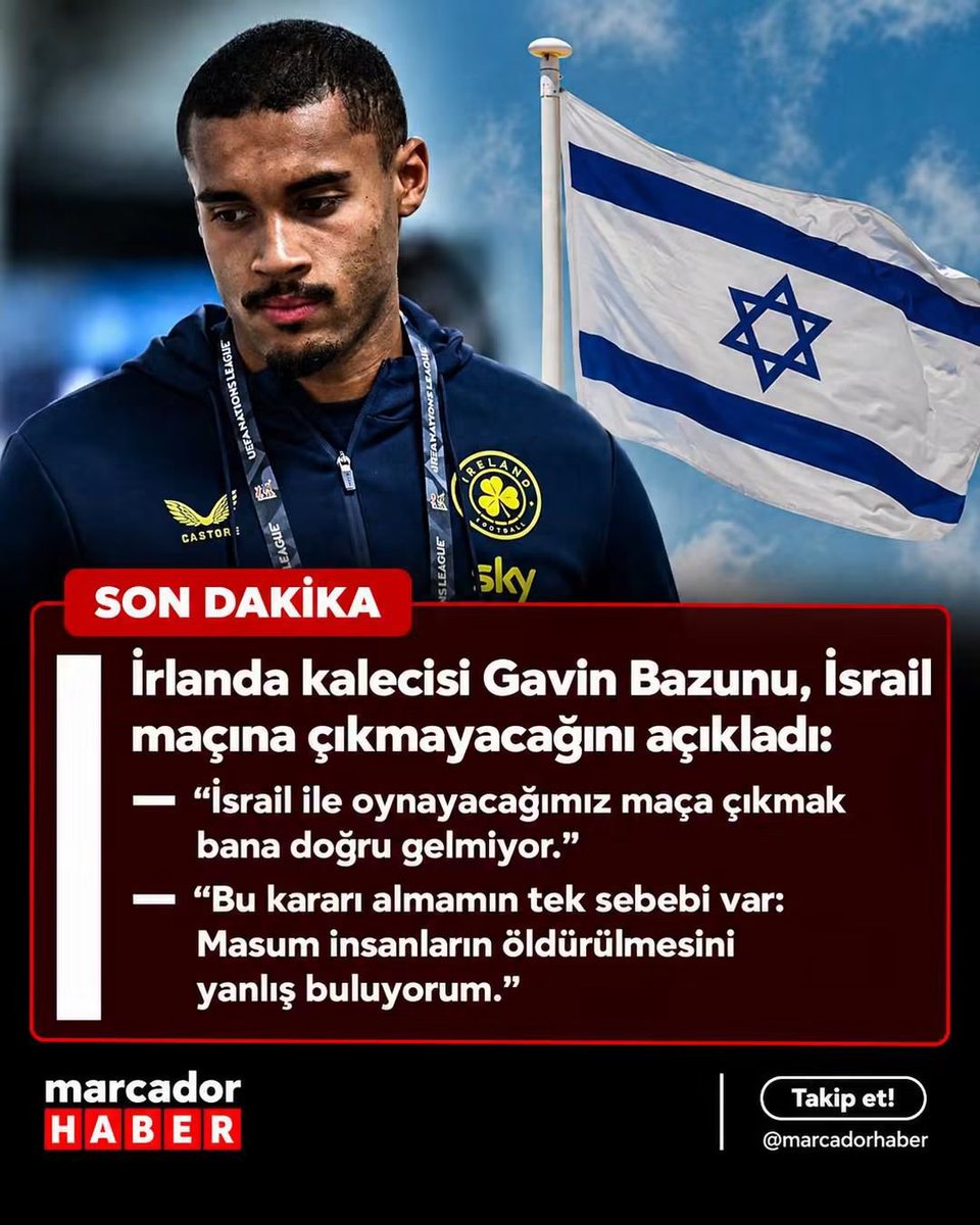 632_busra's tweet photo. SON DAKİKA | İrlanda kalecisi Gavin Bazunu, İsrail maçına çıkmayacağını açıkladı:

— Ülkemi temsil etmek benim için her şey demek.

— Bu kararı kolay bir şekilde almıyorum ama ben güçlü bir inanca sahip biriyim.

— Karakterimi doğru bir şekilde göstermek istiyorum.

— İsrail ile oynayacağımız maça çıkmak bana doğru gelmiyor.

— Bu kararı almamın tek sebebi var: Masum insanların öldürülmesini yanlış buluyorum.