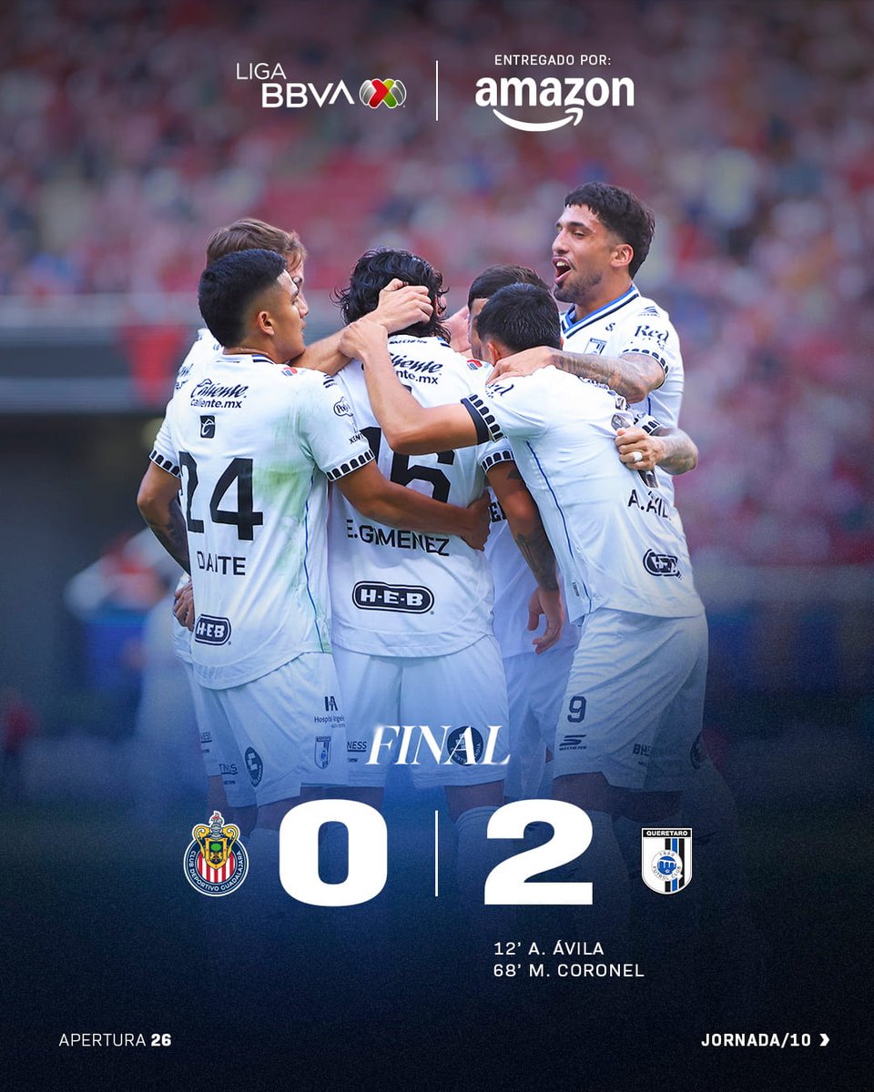 LigaBBVAMX's tweet photo. ¡Golpe de autoridad de @Club_Queretaro en GDL! 💙🖤
Tremendo triunfo de los Gallos Blancos, que siguen invictos fuera de casa en el #AP26. 🐓
#EntregamosTodoPorElFut y @amazonmex nos entrega el #MarcadorFinal. 📦
#LaLigaDeLaAfición | #AmazonMX | #J10 | #CHIQRO https://t.co/yclfz4mMSo