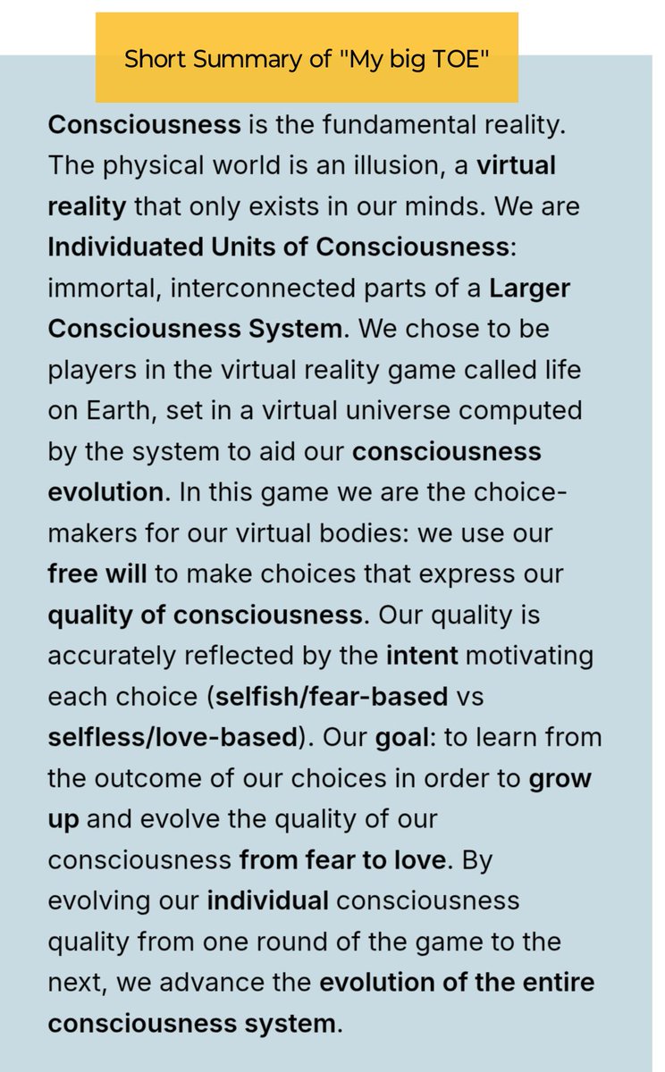 Johannes101021's tweet photo. @kerrypacter @NickHintonn What if consciousness is the fundamental reality - the one substance everything is made of and from?

NASA scientist and consciousness researcher Thomas Campbell claims that in his genius "My Big Theory of Everything" #MBT

Finally he drew the same conclusion like all old masters https://t.co/Wlt7n3qnqy