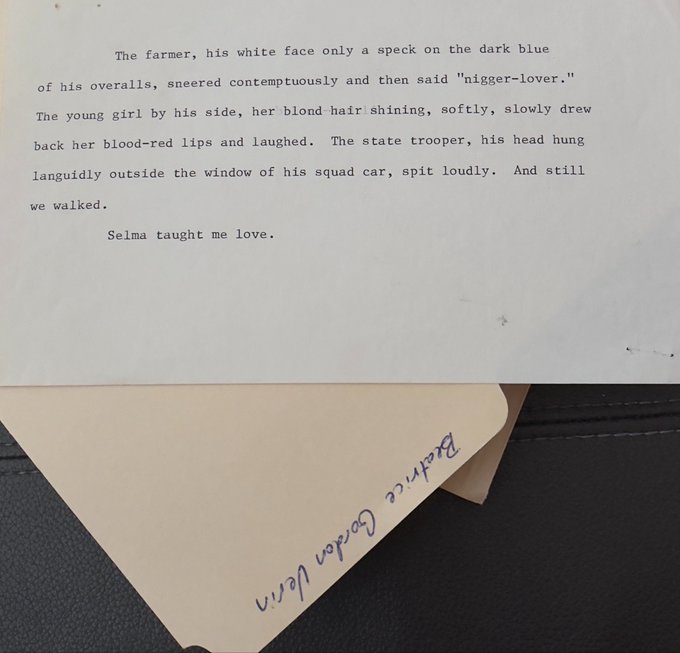 A typewritten excerpt from a literary text featuring a racially charged scene ('nigger-lover') ending with 'Selma taught me love.', paired with a handwritten dedication on tan paper reading 'Beatrice Cardoso Selva'.