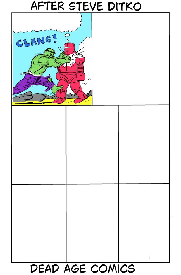 GhostComicsPast's tweet photo. WIP Rough Page After Steve Ditko. Absorbing his Style (Composition, Perspective, Poses, Anatomy, Camera Angle, Expressions, Backgrounds) while noting how long each Panel takes including Coloring. Drawn Digitally
#deadagecomics https://t.co/oI9qL8TkYB
