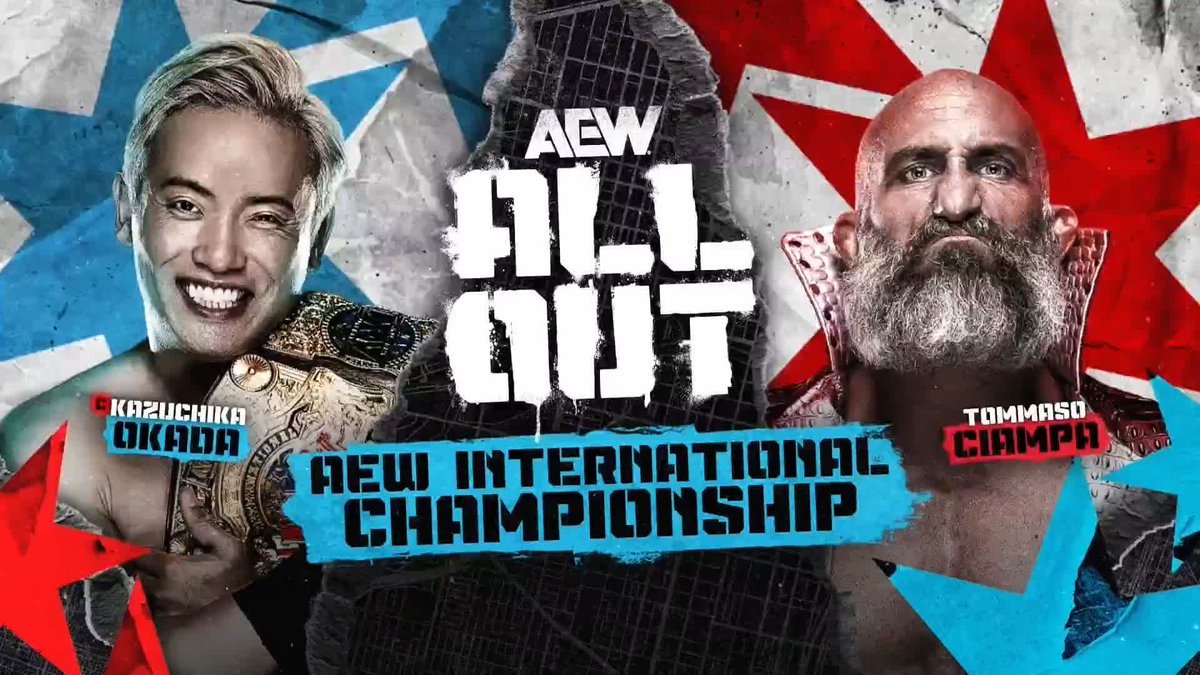 An AEW 'All Out' promotional graphic for the AEW International Championship match between Kazuchika Okada and Tommaso Ciampa, with Okada pictured on the left holding a championship belt.
