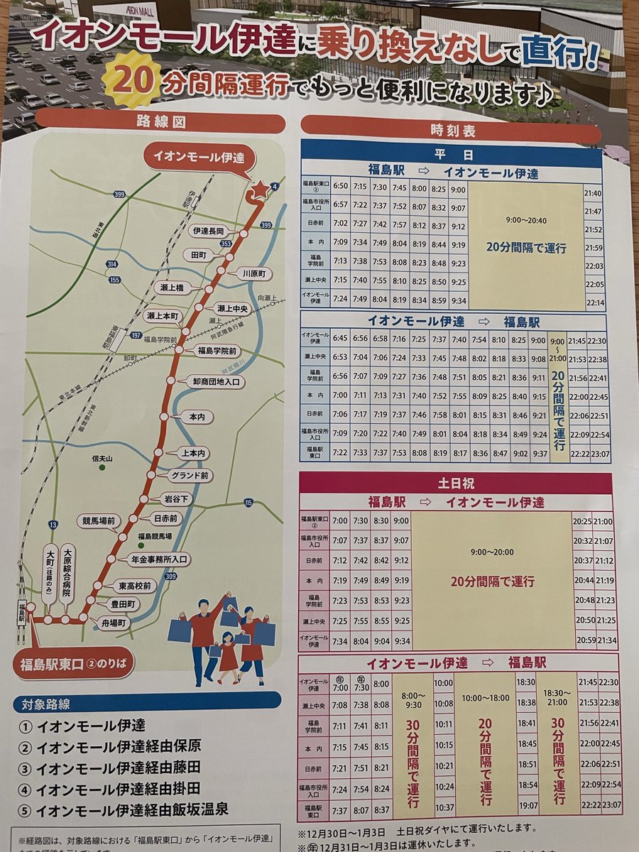 invinciblehound's tweet photo. 【イオンモール伊達】
福島駅東口から、イオンモール伊達の直行バスが運行するようです（片道最大500円）。開業して間もない時期は駐車場も混みそうですし、バスで行くのも選択肢かと思いました。
#ふくしま情報発信局 https://t.co/s1GfeBOfnD
