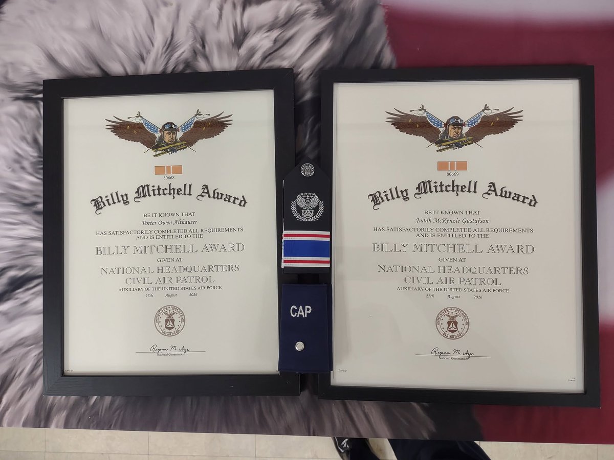 mocapnews's tweet photo. Please join Missouri Wing in congratulating Cadet Porter Althauser and Cadet Judah Gustafson of the Lee's Summit Composite Squadron on their Brig. Gen. Billy Mitchell Awards and promotion to Cadet 2nd Lieutenants! #civilairpatrol #CAPcadet
https://t.co/8pTtRcdAS8 https://t.co/P0M1zokgiq