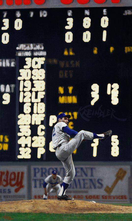Jimfrombaseball's tweet photo. "He was genius.
Perhaps the only pitcher I have ever seen, and certainly broadcast, where after one batter I would think, he might pitch a no-hitter tonight!
The only one, he was the only one who would go out to warm-up and he would get applause like a symphony conductor who had just walked onstage.
It was such respect as well as admiration.
I don't think we'll see his likes for a long time."
Vin Scully on Sandy Koufax.
"In 1960 I had made the transition from thrower to pitcher and had not understood that in making the transition I had made a beginning, not an end.
You become a pitcher before you become a good pitcher.
Nor do I wish to testify under oath that I have not forgotten, do not—and will not—forget from time to time and revert to the wayward ways of my youth.
It's usually when I'm tired or mad, but dumbness is not to be completely discounted either.
In the 1965 All-Star Game I was terribly wild.
I came into the game in the sixth inning and immediately threw seven straight balls.
Although I got out of the inning, it was a struggle with every batter.
There was not a thing wrong with my arm.
My arm was fine.
My head was something else again.
Knowing that I was only going to pitch an inning or two, I had thought:
"Well, hell!
I'll just go in and throw as hard as I can."
And there I was, right back where I'd been ten years ago, wild high."
Sandy Koufax.
3x World Series Champion.
3x MLB Cy Young Award.
2x World Series MVP.
1x NL MVP.
"Too bad about Koufax's sore arm.
He can't shave.
Or brush his hair.
All he can do is pitch."
Harry Walker, Mgr. Pittsburgh Pirates.
Art by Graig Kreindler.