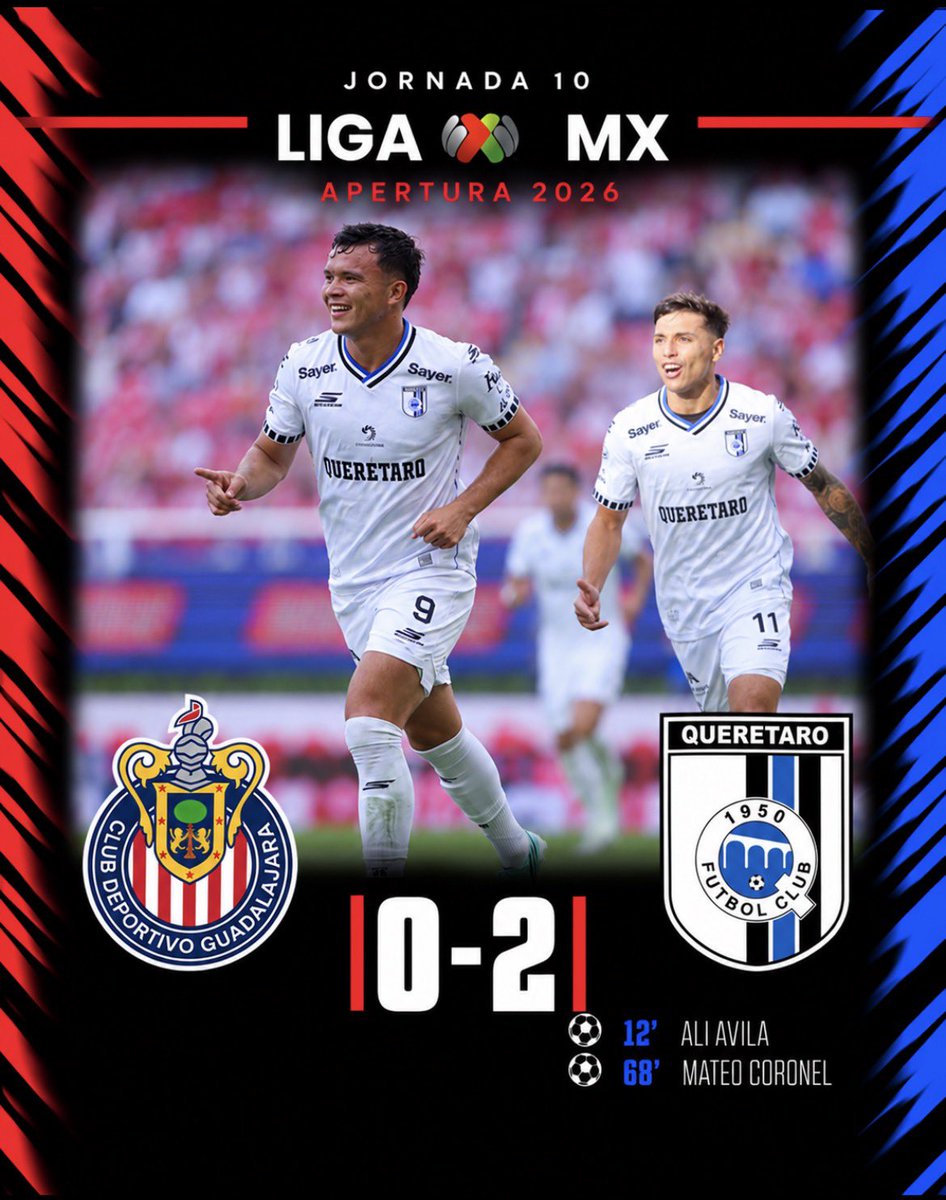 BenditaLMX's tweet photo. 🚨 ¡GOLPAZO DE QUERÉTARO! 🐓🔥
Los Gallos se meten al Akron y derrotan 2-0 a Chivas con goles de Ali Ávila (12’) y Mateo Coronel (68’). Querétaro pegó temprano, supo manejar la ventaja y terminó silenciando Guadalajara. 😳
¡Triunfazo de visitante! 🔵⚫️
#J10 #AP26 #CHIQRO https://t.co/O34XNUDSYA