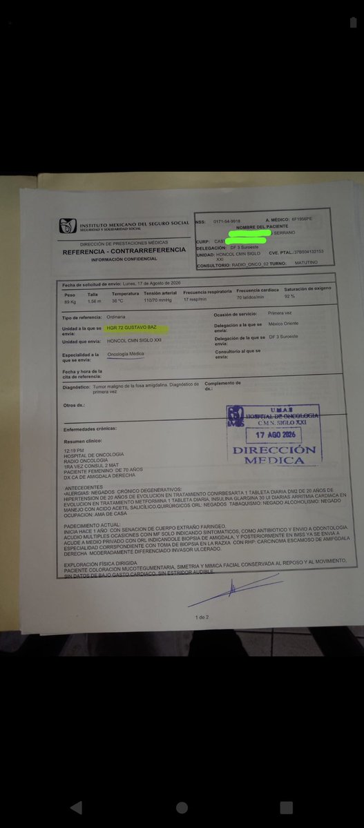 FHEPRYT1's tweet photo. @zoerobledo Nuevamente solicitando tu apoyo maestro Zoe, resulta que la paciente de la séptima década le detectan cáncer faríngeo y en el IMSS 72 de Tlalnepantla le dicen que no la pueden atender, porque están saturados y no tienen medicamentos: https://t.co/5OvyPMD322