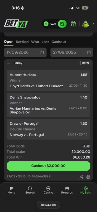 A mobile screenshot of the BETYA sportsbook app showing an open parlay bet on Hubert Hurkacz, Denis Shapovalov, and Norway vs. Portugal (Draw or Portugal), with a potential cashout of $2,000.00 from a $6,650.28 stake.