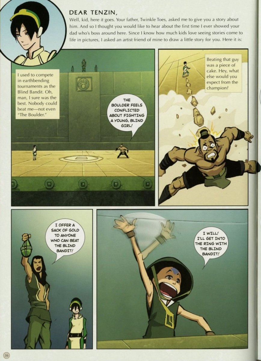 acervotoph's tweet photo. Em um legado para Tenzin, Aang pede para que Toph escreva algo para seu filho, e nossa querida dobradora de terra pede para que desenhem como que ela conheceu Aang pq, segundo ela: "Crianças adoram ver histórias ganharem vida em desenhos" https://t.co/yoFYDsOgAV