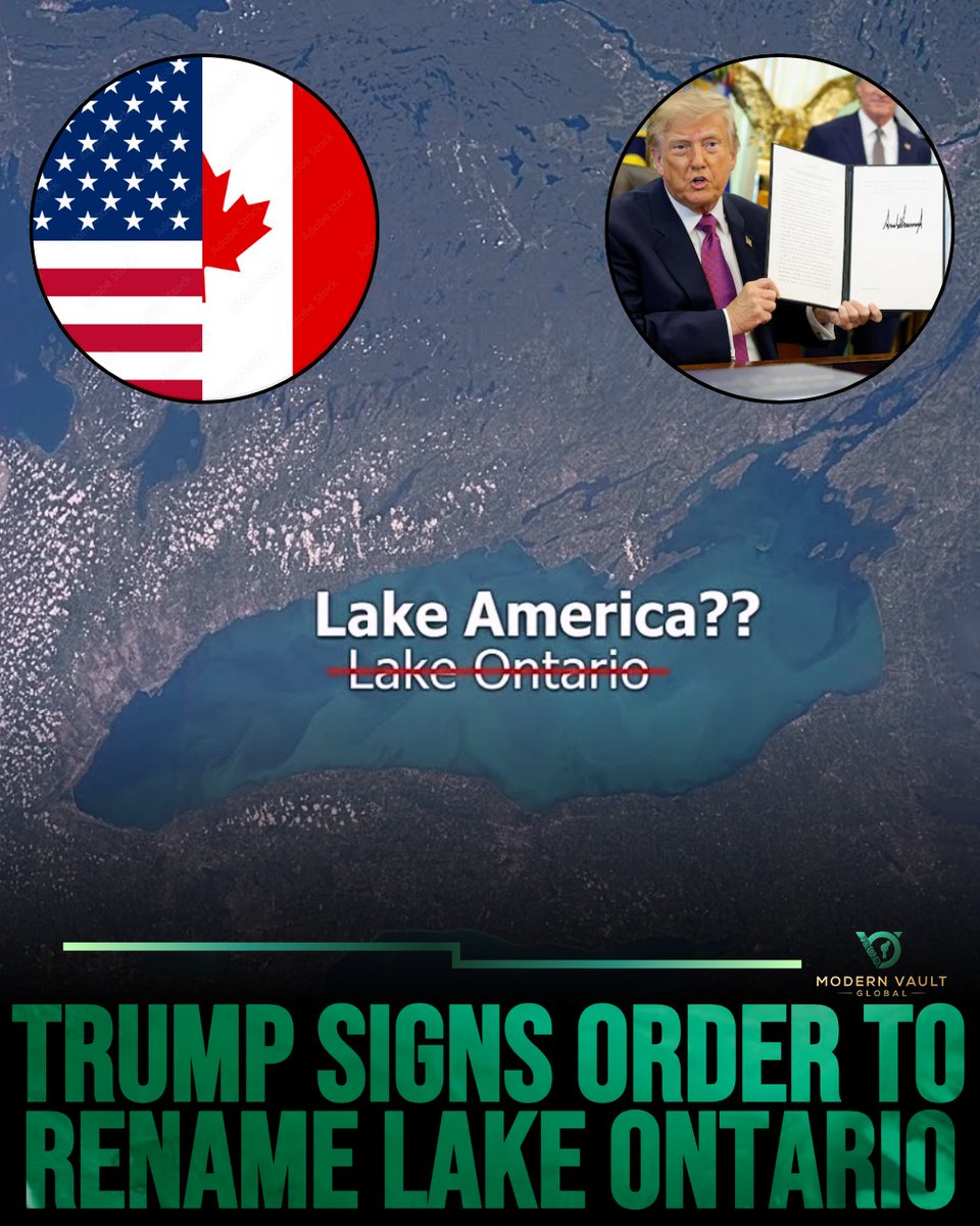 GingerPishner's tweet photo. A new U. S. executive order renames 400-year-old Lake Ontario “Lake America” on federal maps amid trade tensions with Canada. Canadian officials and New York leaders oppose the change. Symbolic move or unnecessary distraction? https://t.co/4oB72qySJP