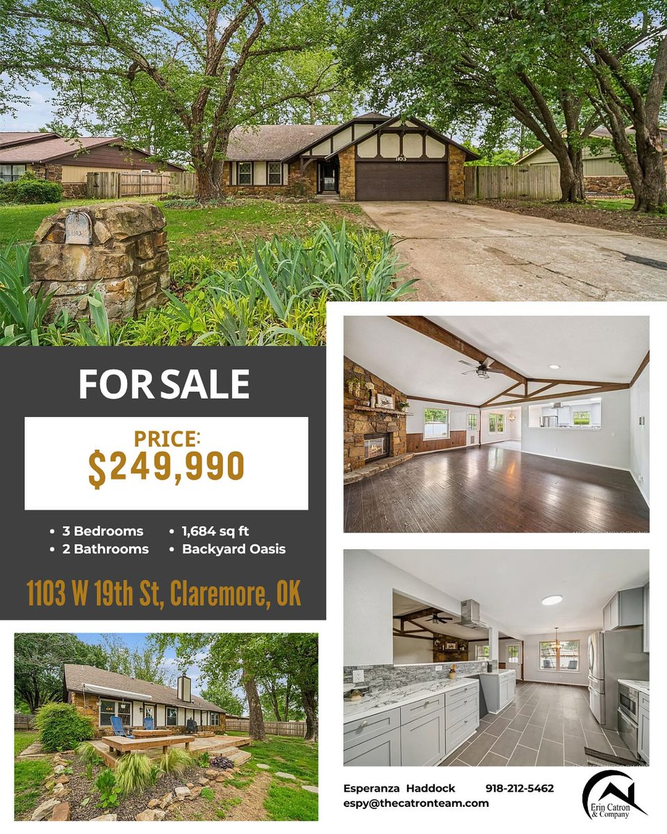 LucasMorais37's tweet photo. Just listed in Claremore, OK. Updated with fresh paint, new flooring, renovated bathrooms, vaulted living room, gas fireplace, spacious deck, hot tub hookup, mature trees, and more. Ready for summer showings. Call 918-212-5462 https://t.co/Ye6CZhrtqc