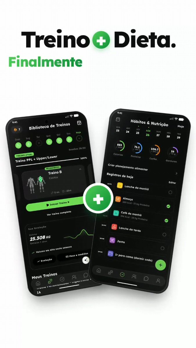 A promotional ad for a fitness and diet tracking app displays two smartphones with the headline "Treino + Dieta. Finalmente" (Workout + Diet. Finally), showing a training library ("Biblioteca de Treinos") with "Treino PPL + Upper/Lower" and a habits and nutrition screen ("Hábitos & Nutrição") tracking 883 calories, 76.1g protein, 106.7g carbs, and 16g fats. The image showcases the app's updated interface, visually supporting the claim that the experience has improved.