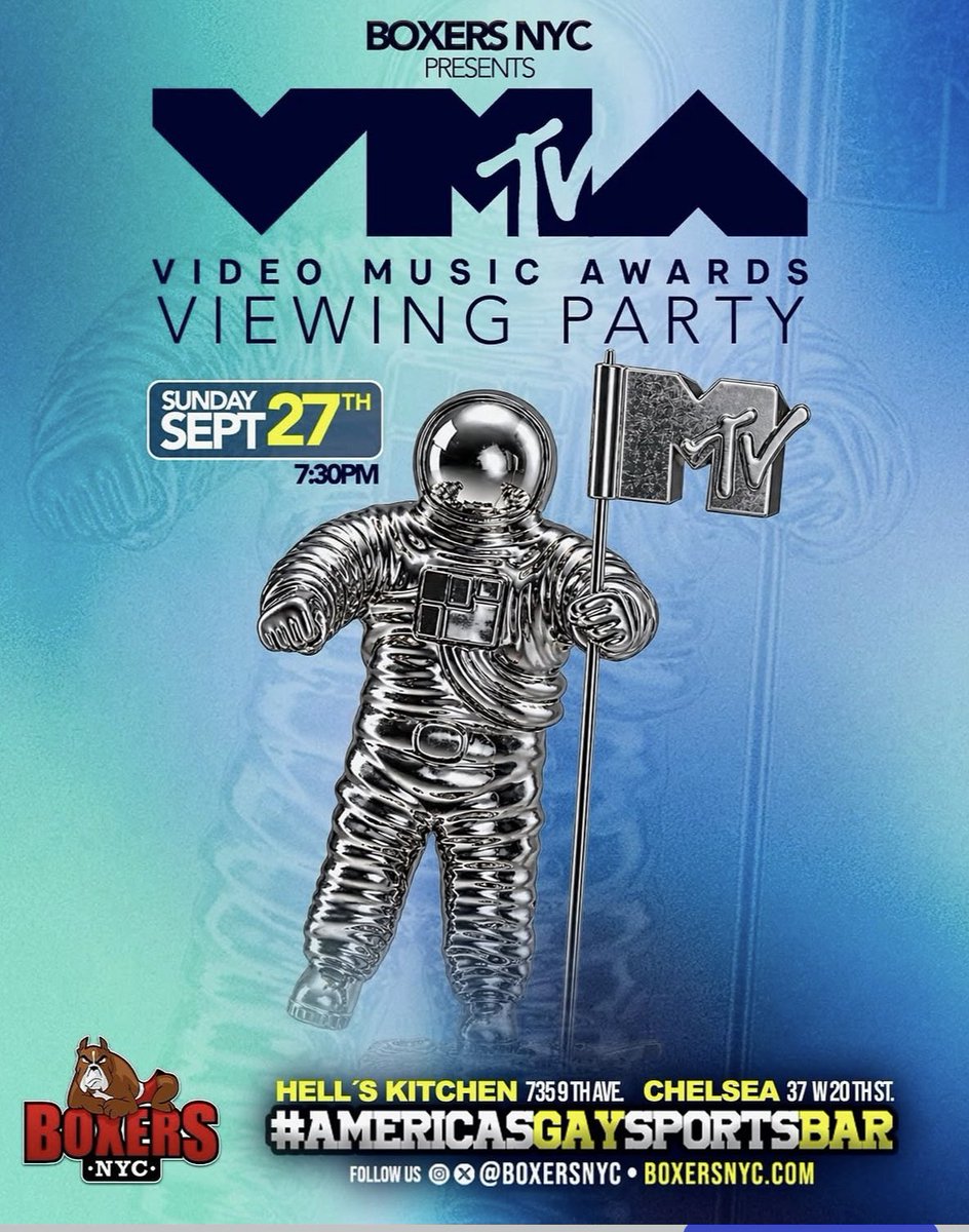 BoxersNYC's tweet photo. The 2026 Video Music Awards 🌟
Viewing parties at BOTH Boxers NYC locations
Sunday, September 27 | 7:30pm 

#GayBar #Madonna #VMAs2026 https://t.co/nNxeKI0tds