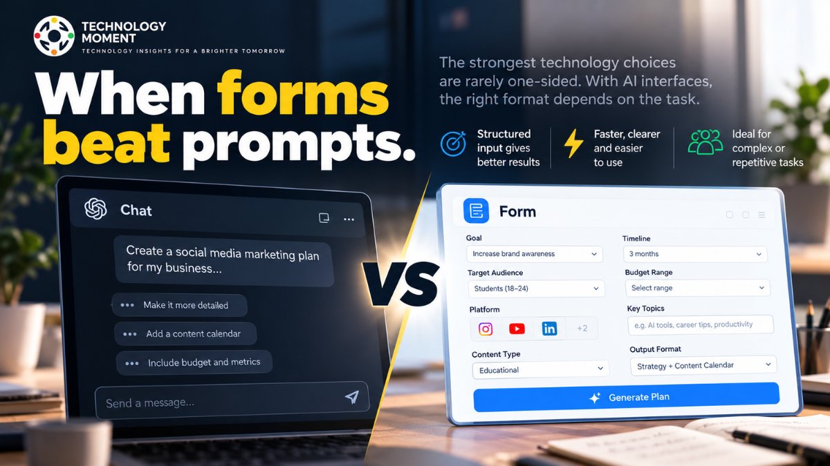 TechMomentHQ's tweet photo. When it comes to AI interfaces, the strongest choice isn’t always prompts. Forms can make complex tasks clearer and easier to control. The future of AI interaction may be more flexible than “just chat.”
🔗 https://t.co/BXiLF3SYCR
#AI #UXDesign #AIInterfaces #TechnologyMoment https://t.co/vWdLmjCf0X