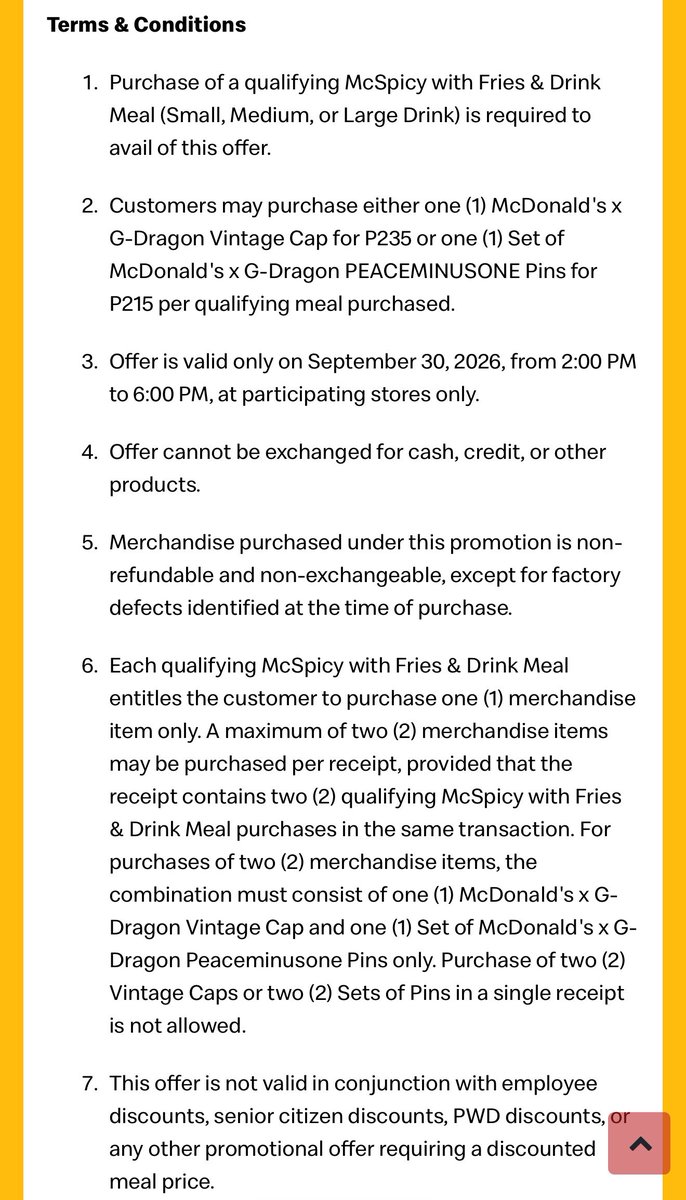 kyohwoah's tweet photo. McDonald's PH x G-Dragon Vintage Cap & PEACEMINUSONE Pins 
 
will be available on September 30, 2026 | 2:00 PM to 6:00PM only!

mechanics: 

1. purchase any McSpicy with Fries & Drink Meal in a single transaction.
2. upon purchase, customers will be eligible to buy either:
◦One (1) McDonald's x G-Dragon Vintage Cap for PhP 235, or
◦One (1) Set of McDonald's x G-Dragon Peaceminusone Pins for Php 215

the merch are available on selected stores only and not available on online food delivery!

see photo/website for other info (participating stores, terms and condition, and etc)

https://t.co/OPJceiI6Nz

#MCDONALDSPH #MCDOPH #GDRAGONPH