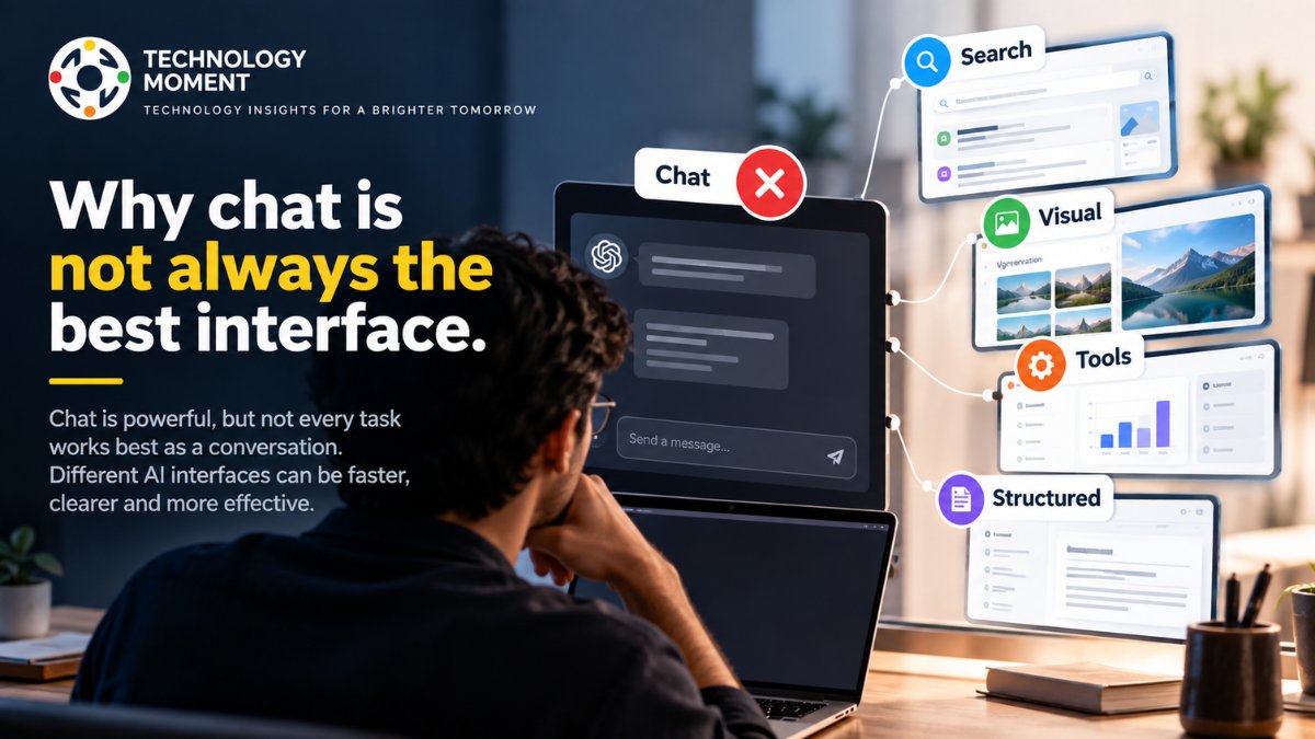 TechMomentHQ's tweet photo. Chat isn’t always the best AI interface. The right interface depends on the task—sometimes it’s a workflow, tool, visual control, or automation. Explore why interface design matters for AI. https://t.co/BXiLF3SqNj
#AI #AIInterfaces #TechnologyMoment #TechDesign https://t.co/dGDGfqsCSA