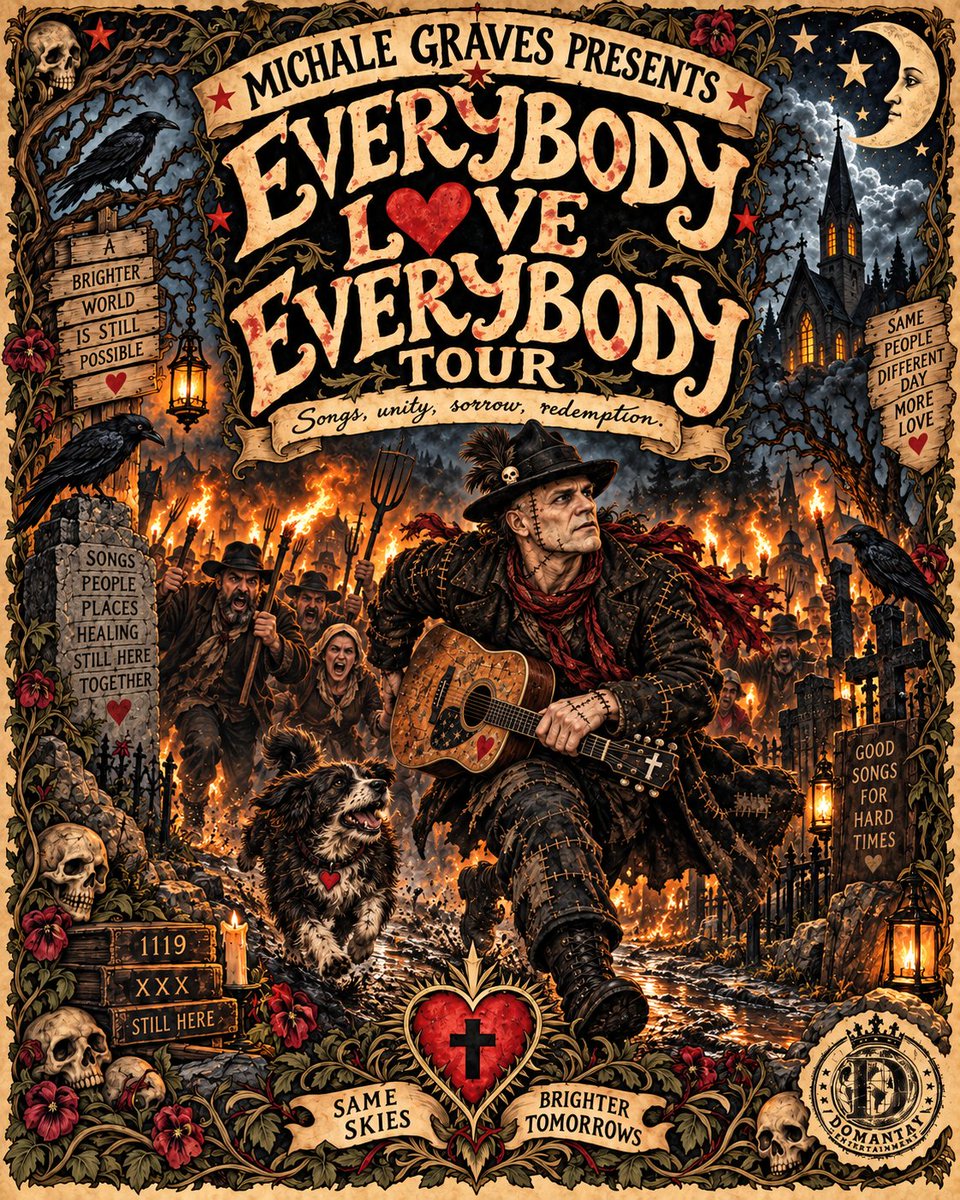 RadioDeadly's tweet photo. This November, Michale Graves brings the “Everybody Love Everybody Tour” to the road for a special acoustic experience built around music, stories and connection.

Known for his powerful acoustic performances, these stripped down and intimate shows put the songs front and center while also having the opportunity to hear the stories behind some of them. From the music of The Misfits where he wrote songs that defined a generation to songs across Michale’s career, Everybody Love Everybody is an evening about where we’ve been, where we are, and finding common ground in a world that often feels divided

No walls. No Labels. No politics.

Just music, conversation, and people coming together.
Expect acoustic versions of classic songs, deeper cuts, stories from the road, and an up-close performance that you won’t get at a traditional full-band show.
Everybody Love Everybody isn’t just the name of the tour. It’s the message.

Come as you are. Bring a friend. Leave the differences at the door.

One voice. One guitar. One room. Everybody welcome.

FOR BOOKING INFO:
BOOKING@OFFICIALMICHALEGRAVES.COM