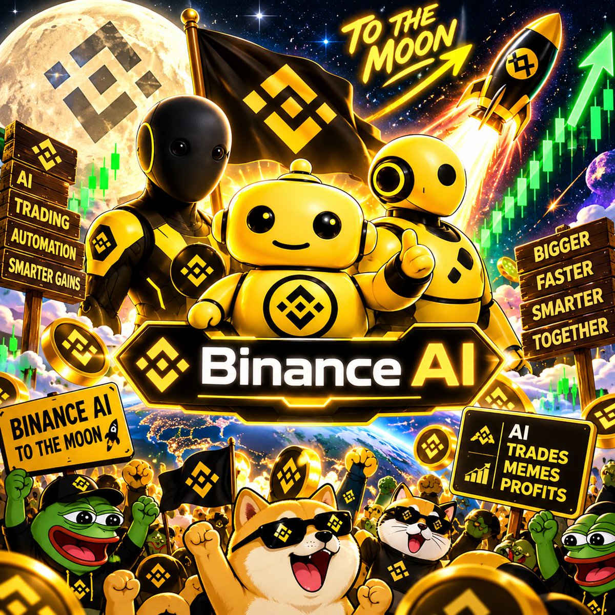 binanceonai's tweet photo. Welcome to Binance AI, where futuristic AI bots meet the wild world of crypto memes. 🟡⚫
🤖 AI-powered theme
📈 Trading &amp; automation vibes
⚡ Bigger. Faster. Smarter. Together.
🌕 Mission: TO THE MOON https://t.co/rNeqzkCaWX