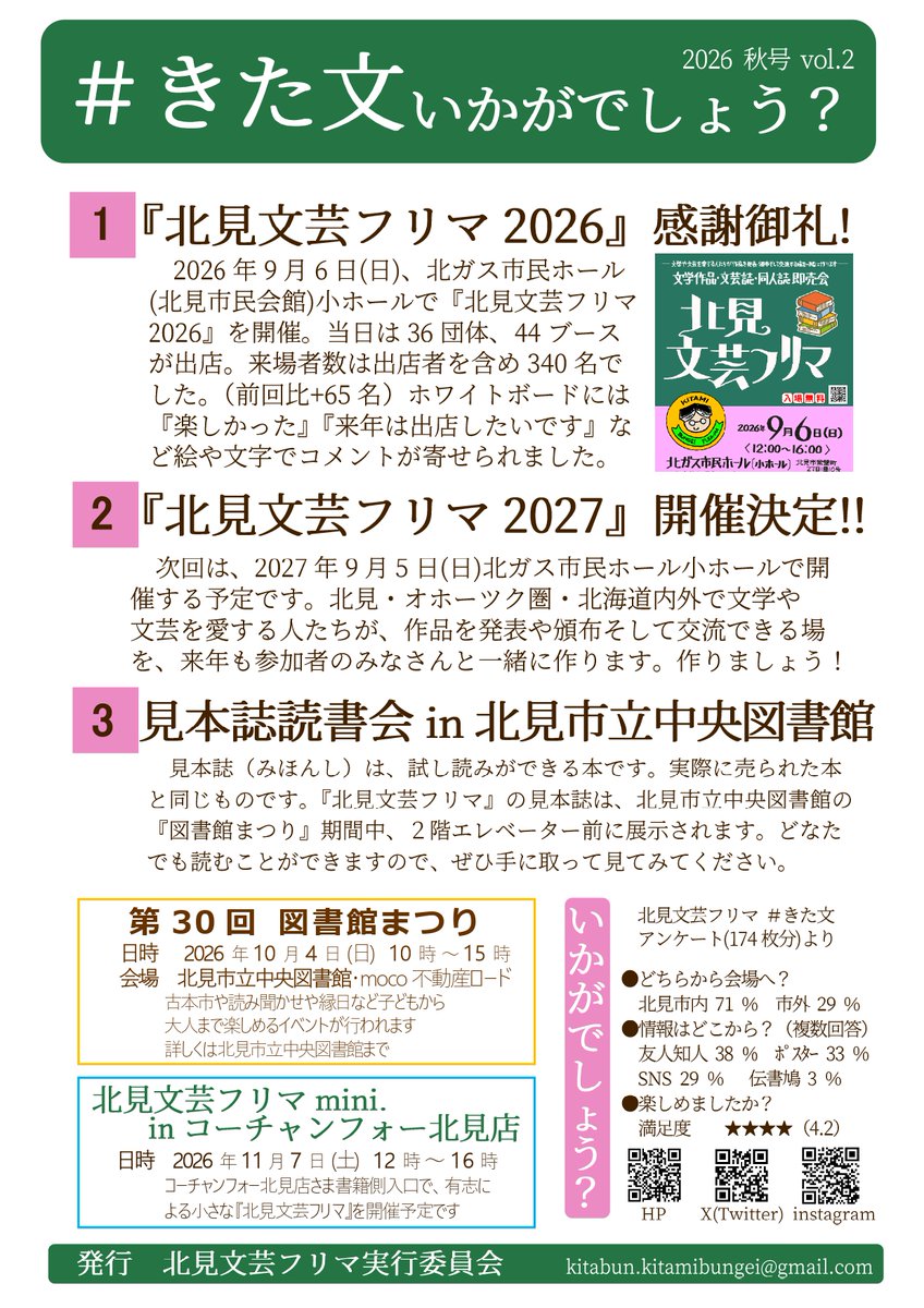 kitamibungei's tweet photo. #きた文 いかがでしょう vol.2  公開！

#北見文芸フリマ 見本誌読書会in北見市立中央図書館 

今年も北見市立中央図書館さんの「図書館まつり」の時に、2階エレベーター前で行います～会場にお越しいただけなかった方も、どんな本が置いてあったか気になる方も。ぜひぜひ。お手にとってご覧下さい〜📖 https://t.co/TbwHLhNOaA