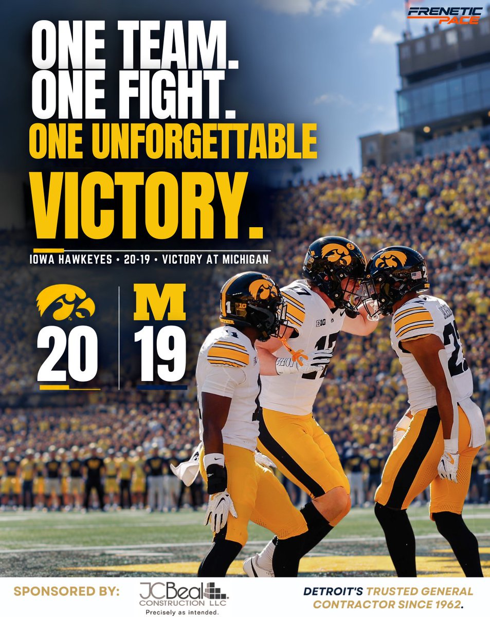 FPSportsMedia's tweet photo. Game Recap: Iowa 20, Michigan 19, Hawkeyes Stun No. 18 Wolverines on Last-Second Touchdown

#IowaHawkeyes #MichiganWolverines #IowaVsMichigan #FreneticPaceSports

https://t.co/qBPpmqjVdd

"Precisely as Intended". JC Beal Construction: https://t.co/8r7DxGSffK https://t.co/Mf6Di9sR24