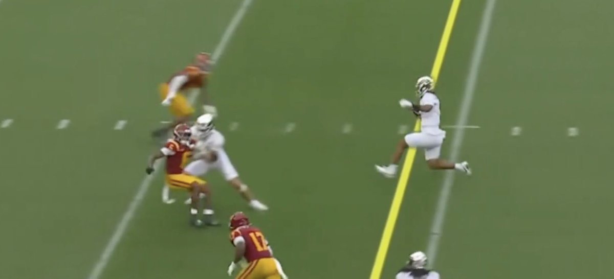 alekarend's tweet photo. .@CSimmsQB what the fuck are talking about? Are you legitimately stupid? 

Dante Moore starts his slide 4-5 yards ahead of the USC LB. What an absolutely brain dead take. EMBARRASSING reaction @NBCSports https://t.co/sPGr5OSIBT