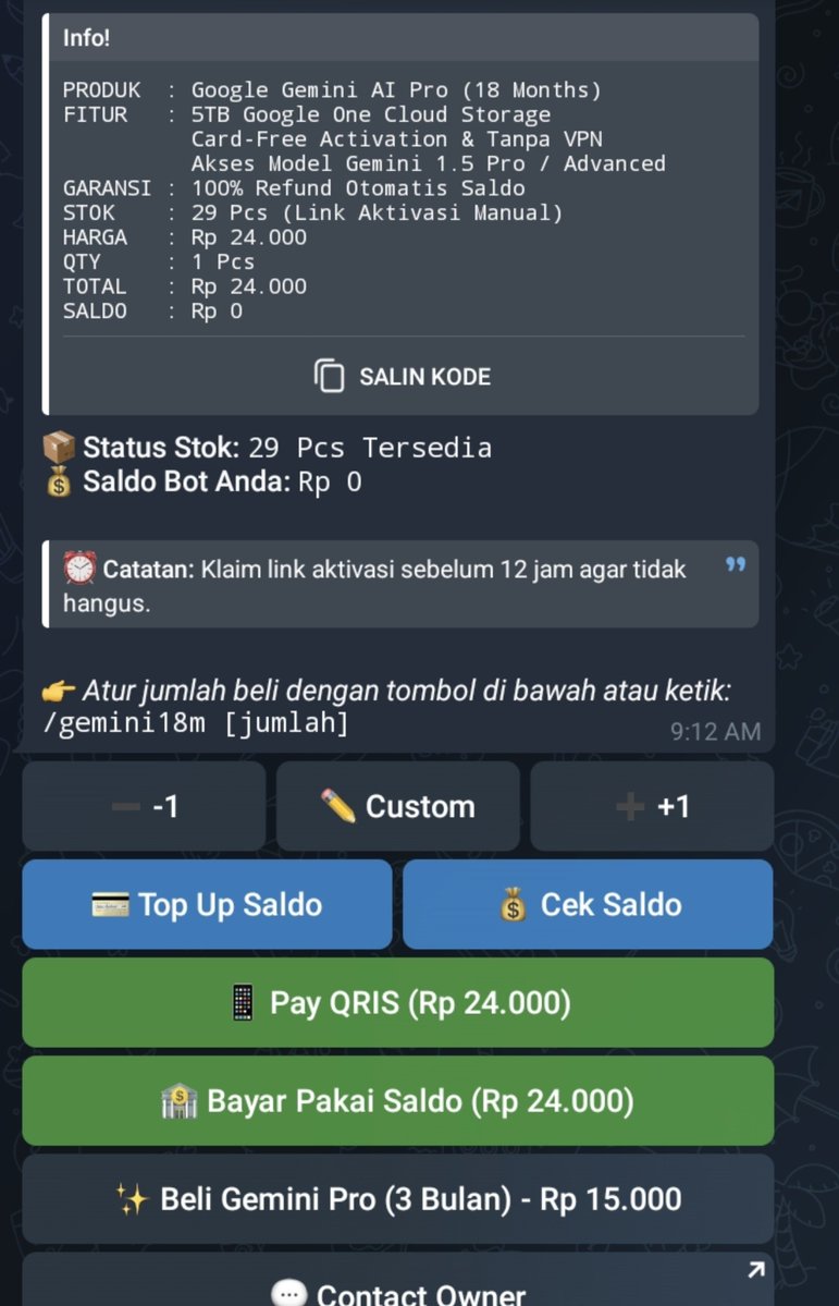 melon_path's tweet photo. PROMO GEMINI AI PRO HEAD/PRIVATE HANYA 24K!

✅️ Ready Stok 29pcs [terbatas]

Benefit :
Antigravity, Family Head, Google Drive 5TB, 1000 Credit Google Flow Veo 3, NotebookLM, dll.

Mau? Langsung drop komen "mau" atau beli otomatis via Telegram : 👇
https://t.co/QwDNqUZd1N https://t.co/IEb3dfRABp