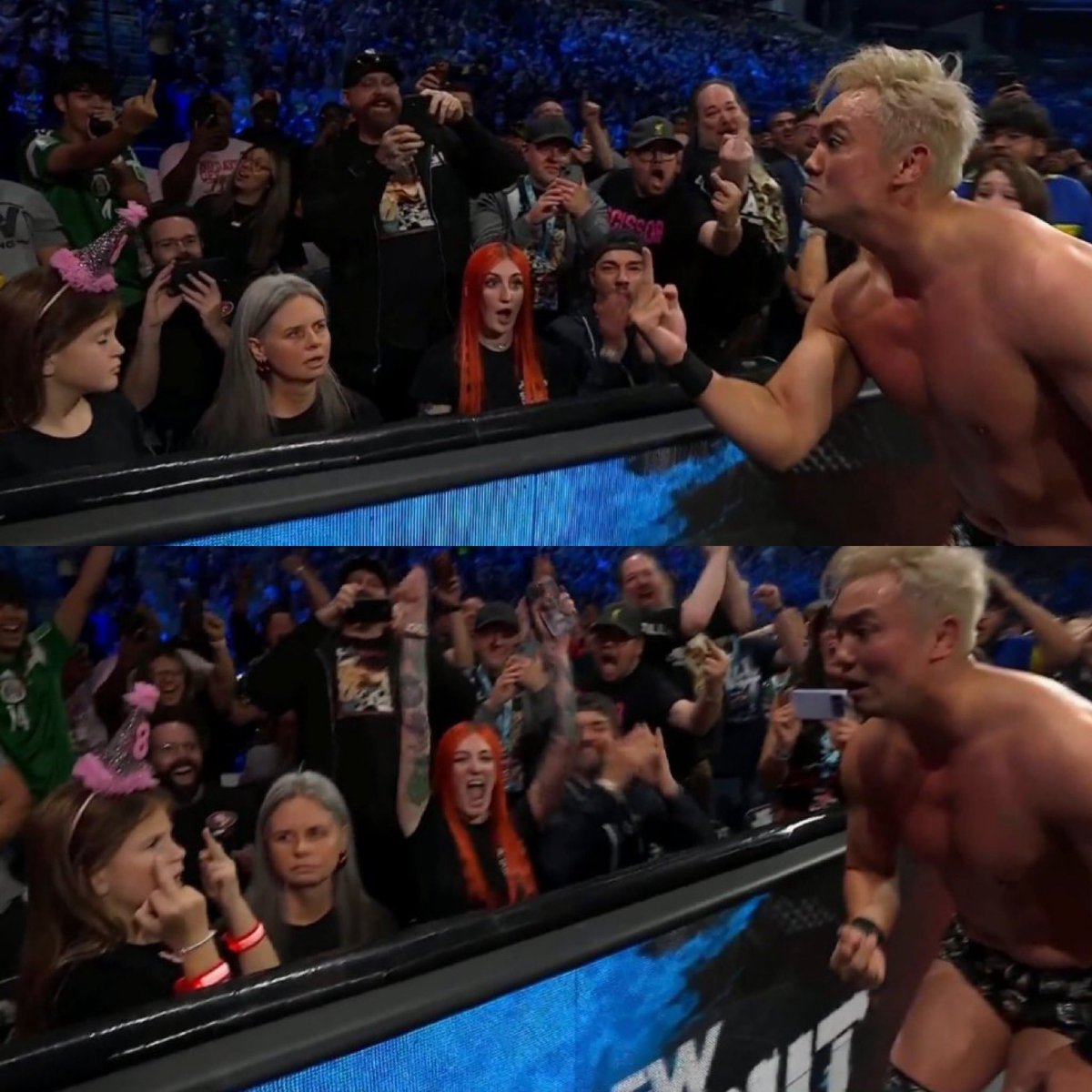 WrestleOps's tweet photo. Tommaso Ciampa’s daughter gives Kazuchika Okada the middle finger after he gave her the middle finger.

#AEWAllOut https://t.co/WibWyrZKMy