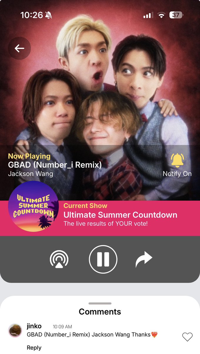jinkokukare's tweet photo. @channelrradio Hello! @channelrradio 
Thank you for playing.
#GBAD (#Number_i Remix) by 
#JacksonWang
I love this song very much ❤️‍🔥 
#ChannelRRequestRadio https://t.co/OW31nYFCdl