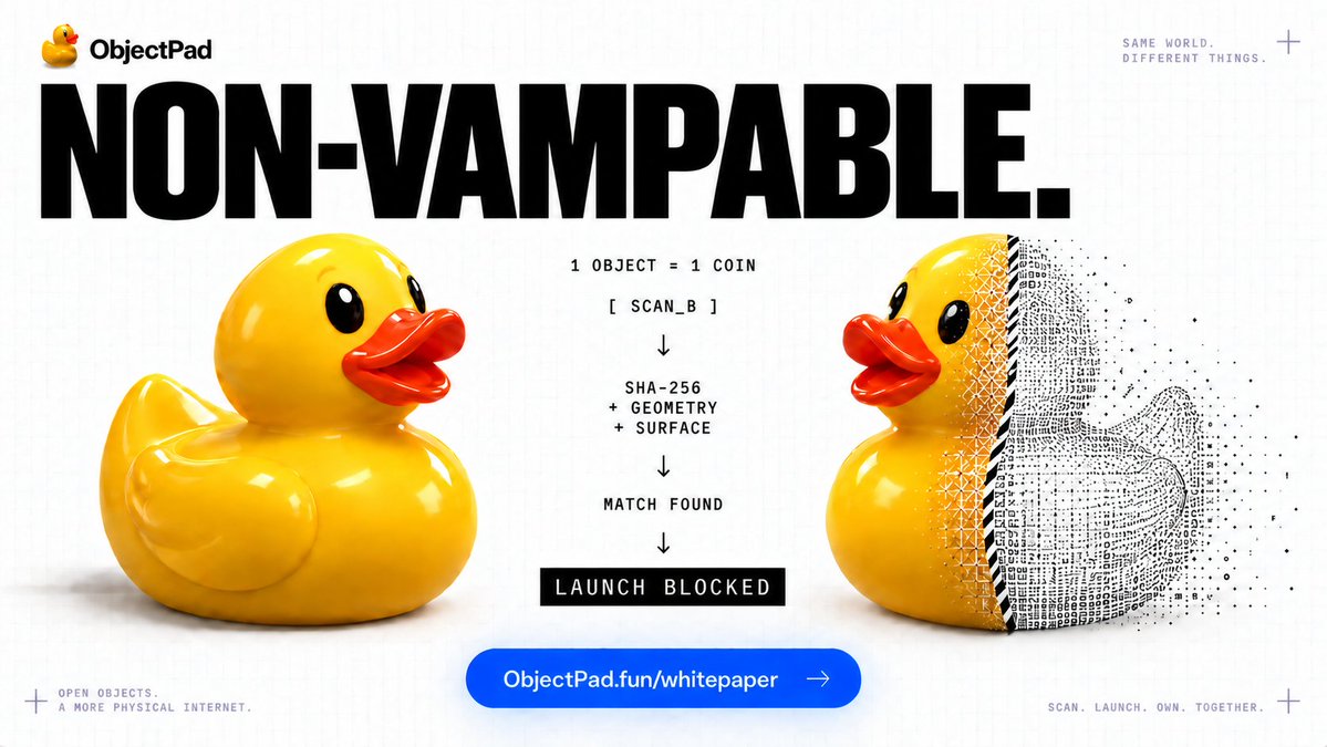 ObjectPadFun's tweet photo. Uniqueness V2 is live along with our updated whitepaper @ https://t.co/nGh5FzblOU

No $ObjectPad coin can ever be replicated or vamped.

We are the first ETH launchpad with this integration.

Uniqueness V2 turns every 3D scanned model and launch into deterministic and non-duplicative math: 

4,096 surface samples, rotation- and scale-invariant geometry, surface wear and texture, perceptual hashes, plus our own models signal are all involved on our backend to ensure the atoms of a real world object can not be replicated into a second coin.

Confirmed duplicates are blocked before launch; accepted objects receive a signed SHA-256/Merkle proof anyone can recompute in-browser/mobile.

Our expanded white paper publishes the formulas, collision math, threat model—and what the system does not prove.

This is only the anti-vamp pass, more utility coming tonight - stay tuned!

Read about our algo. in the updated whitepaper:
https://t.co/nGh5FzblOU
0x520541d03dec790ce51746da2a495dafa62e87f8