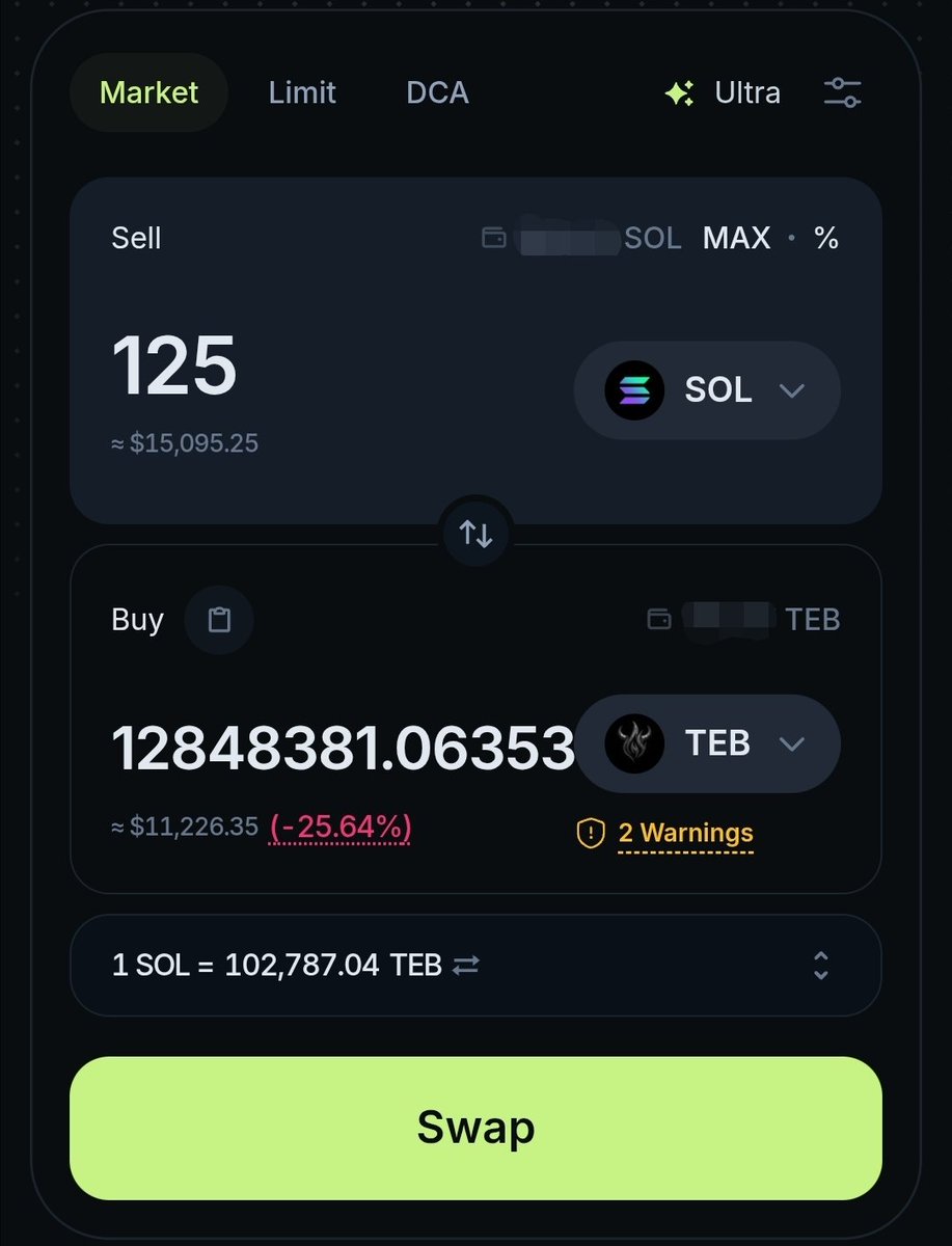 mikey2246's tweet photo. Price Impact: Estimated difference between the input USD amount and the output USD amount.

Currently 25% on a 125 sol $TEB market buy! 

What would be the new market cap of $TEB after this market buy?

Drop your Solana wallet address under this X post! https://t.co/EXCVeMhn6q