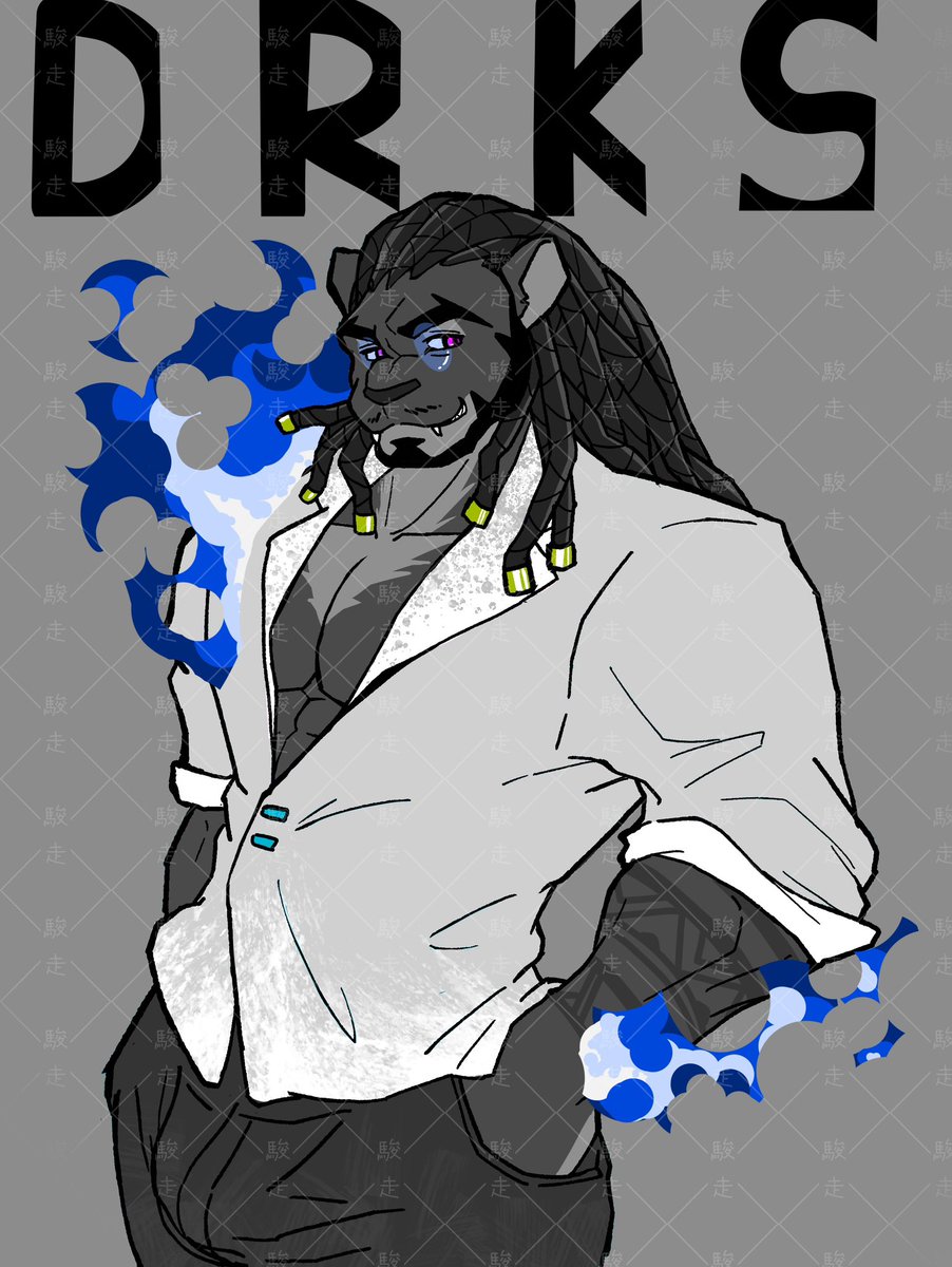 junzou_syunn's tweet photo. 给朋友的生贺赠图
角色是@DRKSART 家的oc科怀，私心画了他的大叔形态
突然就摸出了一种特别方便的火焰画法
顺便试了一下杂志排版构成
#兽人 #furry https://t.co/Mv9UXz3IsX