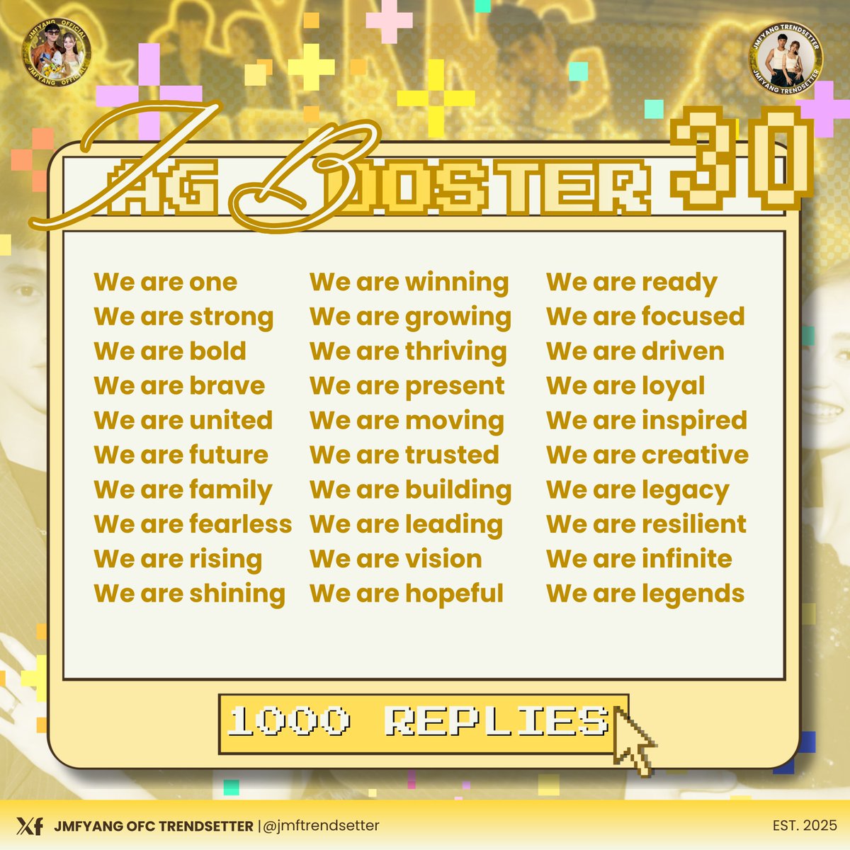 jmftrendsetter's tweet photo. 𝐁𝐄𝐒𝐓𝐈𝐄𝐕𝐈𝐋𝐋𝐄, 𝐇𝐄𝐑𝐄'𝐒 𝐎𝐔𝐑 𝐒𝐄𝐂𝐎𝐍𝐃 𝐓𝐀𝐆 𝐁𝐎𝐎𝐒𝐓𝐄𝐑

goal: one thousand replies.

JMFYANG WEAR THE MOMENT
#SOFIASMITHRunwayChic
#JMIBARRAStyleInEveryMove

@imsofiasmith | @jmdibarra_ https://t.co/UNS6PpoJQl