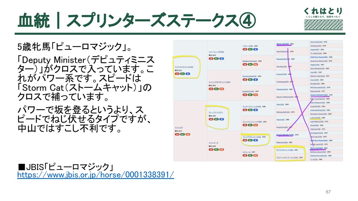 maid_yaneura's tweet photo. 今日のために作成した資料(一部)をお見せいたします★
全部で【120ページ】あります✌️

1：表紙
2：中山競馬場の険しいコースについて
3：馬の走行タイプについて
4：血筋によって発揮しやすい能力について

[あいさか]
#メイドの屋根裏勉強会 https://t.co/4Wlbv57lUs