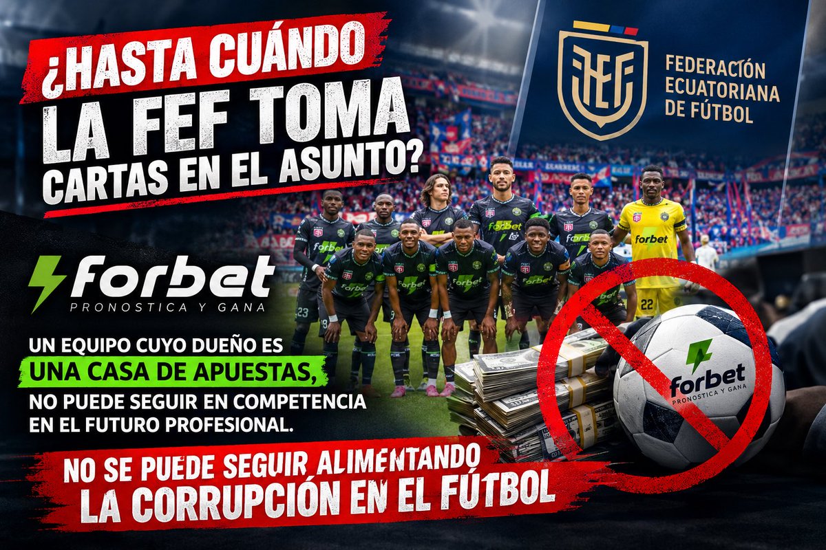LosChullasSDQ's tweet photo. Brasil, que es una potencia futbolística renuncia a las casas de apuestas, en Ecuador la @FEFecuador se hace la ciega y permite que una casa de apuestas maneja un club profesional a pesar de las prohibiciones de @FIFAcom.
@JohnReimberg @FiscaliaEcuador @DeporteEc @RobertoIbanez_R https://t.co/Pd6MZw90AC
