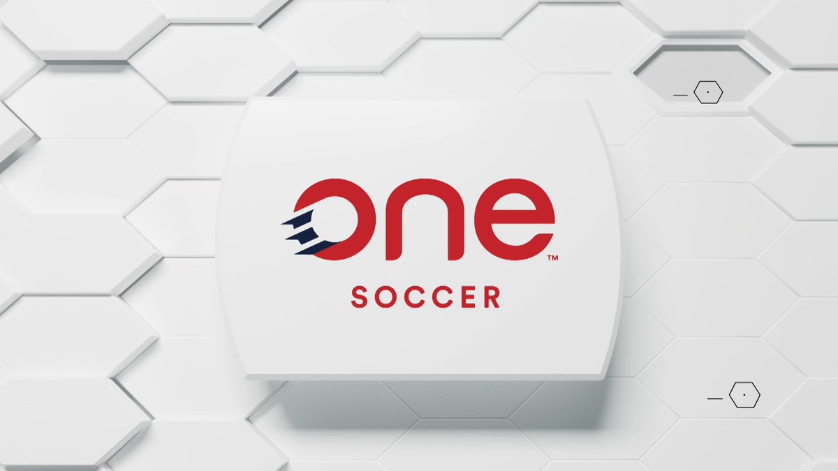 A clean, white promotional graphic featuring the 'one SOCCER' logo in red with a stylized comet design, set against a hexagonal tile background.