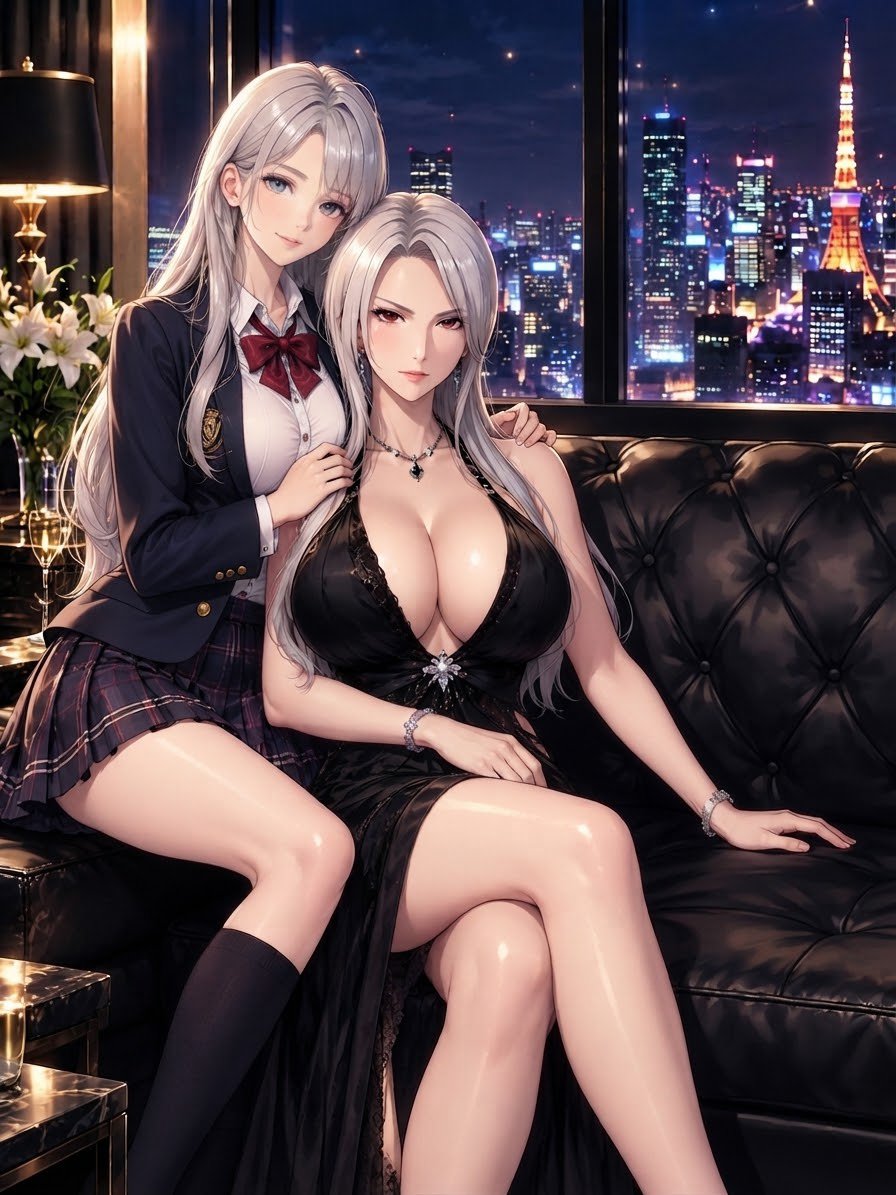 ohkibabooks's tweet photo. 都会の夜景を眺める大宮貴音院長（40）と、その娘（15）。
「若人妻」という言葉がぴったりの院長の美しさは、娘と並んでも姉妹のよう。
​娘の青春の輝きと、院長の成熟した美しさが交差する、贅沢な空間。
​#大宮貴音 #院長 #若人妻 #美魔女 #娘 #高校生 #母娘 #夜景 #オフタイム #優雅 #煌めく空間 https://t.co/kTtYUin8te