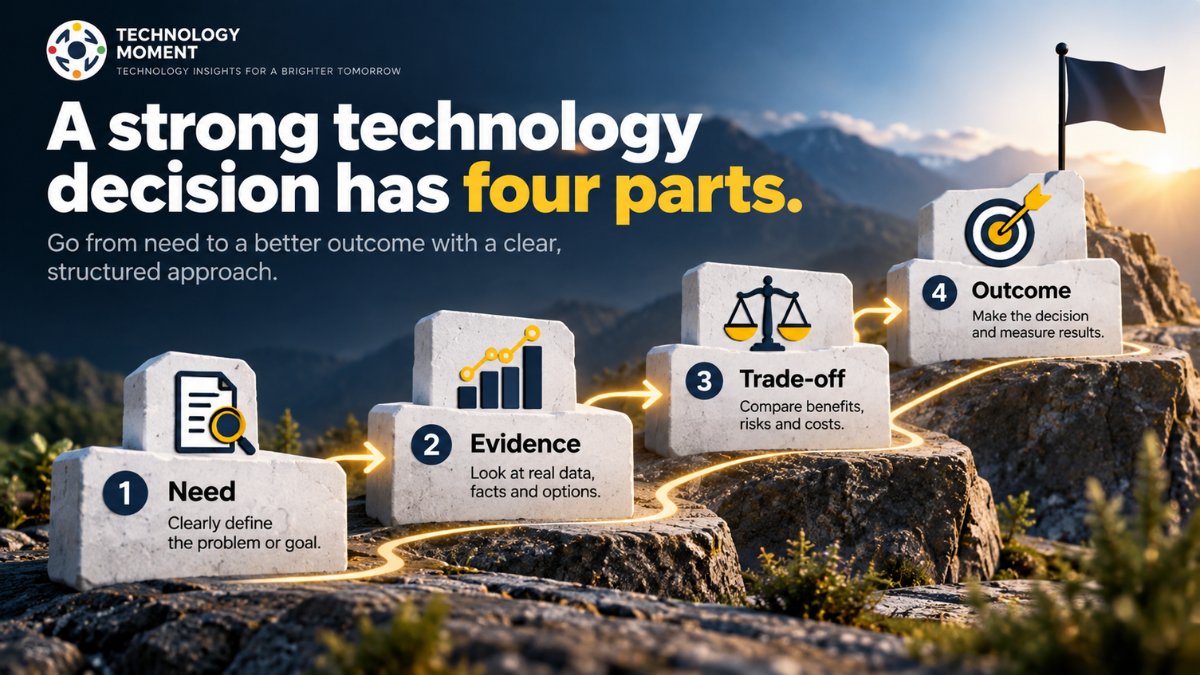 TechMomentHQ's tweet photo. A strong technology decision isn’t just about choosing a solution. It starts with need, evidence, trade-offs, and the outcome. See the framework: https://t.co/BXiLF3SYCR
#TechnologyMoment #Tech #DecisionMaking #Innovation https://t.co/UXoHNXIPYq