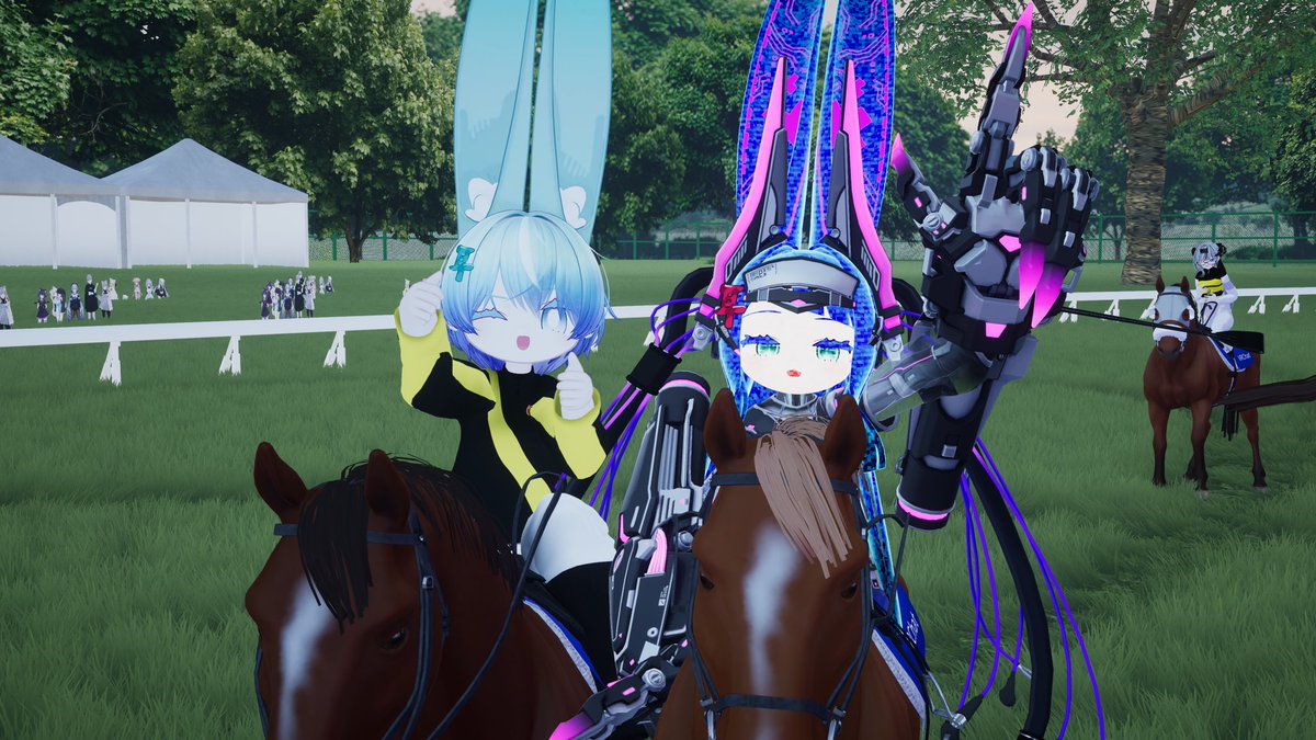 Neley999's tweet photo. おはようございます！
シーズンレースも一区切り。

イイウマデスネー交流の始まりだああああああああああああ✨️

G1出走前の鞍上アニュレール氏との1枚
(@AnnulaireIf )
スパークルバニーとスパークルサーガのダブルスパークルショット📸🏇

#仮想中央競馬会 https://t.co/7lQmKWn8Wr