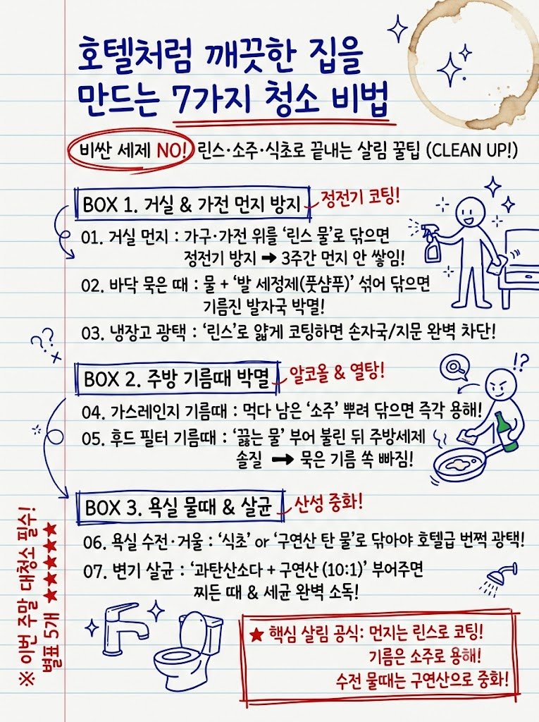 Mirua1004's tweet photo. 닦아도 닦아도 먼지가 쌓인다면? 
호텔처럼 반짝이는 청소 비법 7가지

아무리 주말마다 허리 부러져라 걸레질을 해도 다음 날이면 가구 위에 뽀얗게 먼지가 앉고,
주방은 기름때로 끈적거려서 스트레스받으셨죠?
청소는 힘으로 빡빡 문지르는 게 아니라, '물질의 화학적 성질'을 이용해 코팅하는 것이 핵심입니다.
호텔 객실처럼 먼지가 안 앉고 손자국 없이 광택이 오래 유지되는 실전 청소 기술입니다.

1. 거실 가전•가구 먼지 ➔ [린스 탄 물]
  • 방법: 분무기에 미온수와 린스를 콩알만큼 섞어 흔든 뒤 극세사 천에 뿌려 닦기
린스에 들어있는 계면활성제가 강력한 정전기 방지 코팅막을 만들어줍니다.
한 번만 닦아두면 먼지가 가구 표면에 달라붙지 않고 미끄러져 날아가서
최소 2~3주는 먼지 없는 상태가 유지됩니다.

2. 바닥 찌든 때 & 발자국 ➔ [발 세정제(풋샴푸)]
  • 방법: 물걸레에 물과 발 세정제를 1~2회 펌핑해 섞어 닦기
발 세정제는 사람 몸에서 나오는 피지와 각질, 찌든 때를 분해하도록 설계된 강력한 세정제입니다.
일반 바닥 세제보다 마루 바닥의 기름진 발자국과 끈적한 묵은 때를 훨씬 뽀송하게 지워줍니다.

3. 메탈 냉장고 지문•얼룩 ➔ [린스 코팅]
  • 방법: 마른 수건에 린스를 소량 묻혀 냉장고 문 표면을 얇게 펴 바르듯 닦아내기
스테인리스나 글라스 냉장고에 닿기만 해도 생기던 손자국이 신기하게 안 남습니다.
은은한 보호막이 생겨 광택이 살아나고 주방 전체가 환해집니다.

4. 가스레인지 기름때 ➔ [먹다 남은 소주]
  • 방법: 분무기에 소주를 담아 가스레인지와 타일에 흠뻑 뿌린 뒤 3분 후 닦기
소주의 알코올 성분은 굳은 유분을 녹여내는 최고의 천연 용제입니다.
독한 냄새 나는 락스 대신 소주만 뿌려 닦아도 기름기가 끈적임 없이 뽀드득 닦입니다.

5. 후드 필터 누런 묵은 때 ➔ [끓는 물 + 주방세제]
  • 방법: 큰 비닐봉지에 후드 필터를 넣고, 끓는 물을 부은 뒤 주방세제를 풀어 불리기
누렇게 엉겨 붙은 기름은 찬물로는 절대 안 녹습니다.
뜨거운 온도로 기름을 녹인 뒤 솔로 살살 문지르면 10년 묵은 기름때가 국수 가락처럼 쏙 빠져나옵니다.

6. 욕실 수전 물때 & 거울 얼룩 ➔ [구연산수 or 식초]
  • 방법: 물 한 컵에 구연산(또는 식초) 1스푼을 타서 키친타월에 적셔 수전에 감아두기
욕실 수전의 하얀 얼룩은 수돗물 속 칼슘•마그네슘이 굳은 '알칼리성 때'입니다.
산성인 구연산이나 식초를 닿게 해야 화학적으로 중화되어
호텔 수전처럼 번쩍번쩍한 은빛 광택이 살아납니다.

7. 변기 살균 & 물때 방지 ➔ [과탄산소다 + 구연산 (10 : 1)]
  • 방법: 과탄산소다와 구연산을 10:1 비율로 변기 안에 넣고 따뜻한 물 붓기
보글보글 거품이 일면서 손 닿기 힘든 변기 속 곰팡이와 요석, 세균을 살균합니다.
솔질을 세게 하지 않아도 청결함이 2배 이상 오래 지속됩니다.

비싼 청소 도구 없어도
집에 있는 소주, 린스, 식초만 제대로 쓰면 청소 시간이 절반으로 줄어듭니다.
이번 주말 대청소하기 전에 꼭 저장해 두시고 활용해 보세요!
💬 집에서 청소하기 가장 까다롭고 귀찮았던 곳은 어디였나요?