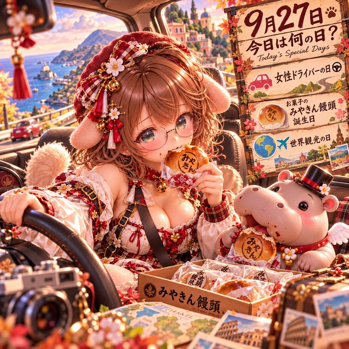A vibrant anime-style illustration depicts a girl with brown hair and glasses driving a car while eating a "みやきん饅頭" (Miyakin Manju) pastry, accompanied by a cute hippo character in a top hat, with a panel indicating September 27th's special days.
