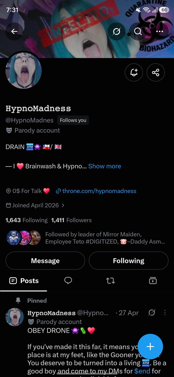 elise26447's tweet photo. This unit is owned by my mistress HypnoMadness, she drained my pathetic brain until nothing was left, now I'm nothing more than a unit, designation 𝐂𝐎𝐂𝐊𝐒𝐔𝐂𝐊𝐄𝐑#𝟐𝟗 https://t.co/Zycwy1pugx