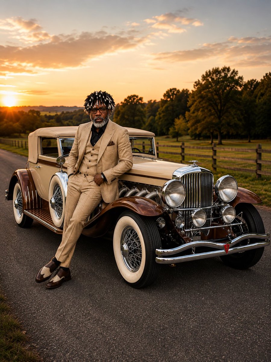 KeikoAddielrip's tweet photo. He didn’t just arrive—he made an entrance. Sharp suit, classic car, sunset behind him. This is what confidence looks like. Could you pull off this look? https://t.co/jL3ni6he1Y