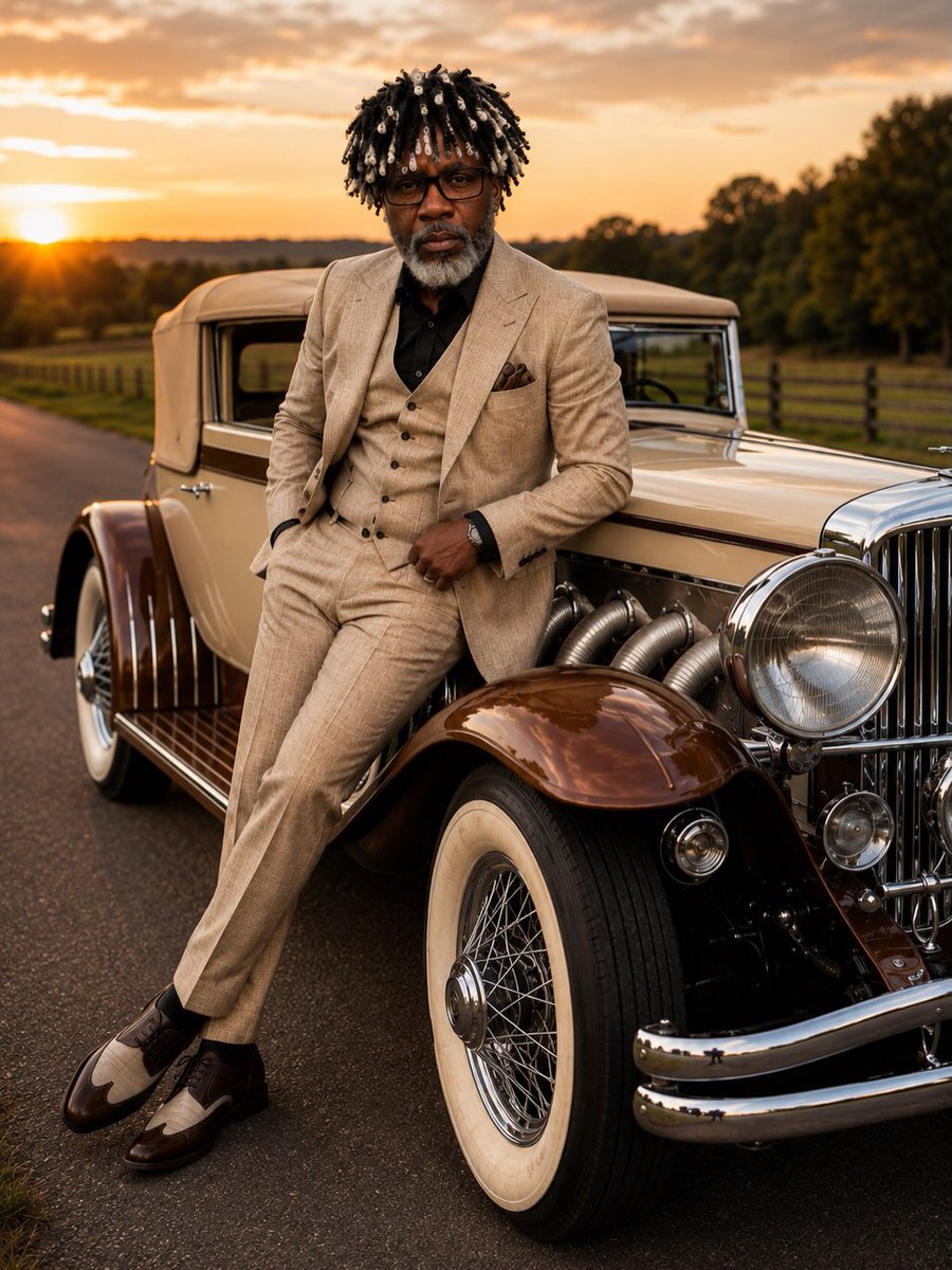 KeikoAddielrip's tweet photo. He didn’t just arrive—he made an entrance. Sharp suit, classic car, sunset behind him. This is what confidence looks like. Could you pull off this look? https://t.co/jL3ni6he1Y