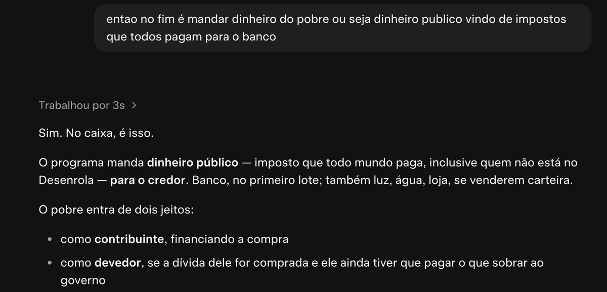 MafinhaBarba's tweet photo. Tava falando com o Grok sobre esse programa desenrola 3 do Lula.

ATE a IA concordou comigo. É literalmente o Lula dando dinheiro para banco. Em qualquer análise que você faça o resumo é isso. 

Como que nego de esquerda acha isso normal? https://t.co/04ruJj85Ff