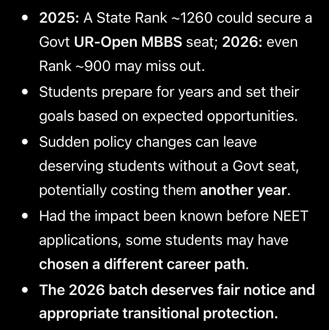 ManasSahoo0711's tweet photo. @RakeshK79454045 @neha_laldas Can a new state reservation policy be applied to the 2026 NEET batch after applications closed, without adequate notice or transitional protection? 

8 Feb - NEET-UG 2026  Appl. opened
11 Mar -  NEET Appl  deadline
4 Apr - New reservation approved
03 Jun - Reservation Notified https://t.co/ksEXUXo0py